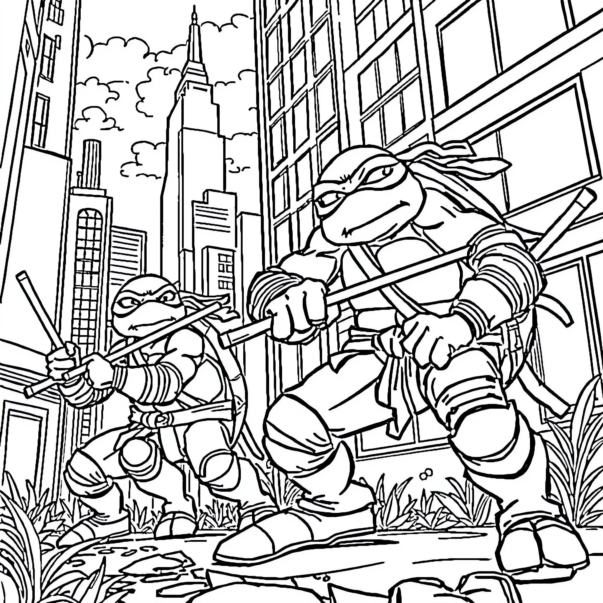 Ninja Turtle heroes in action in the city Coloring Page (free black-and-white line drawing printable PDF for all, from beginners to advanced learners, including children, teens, adults, and seniors)