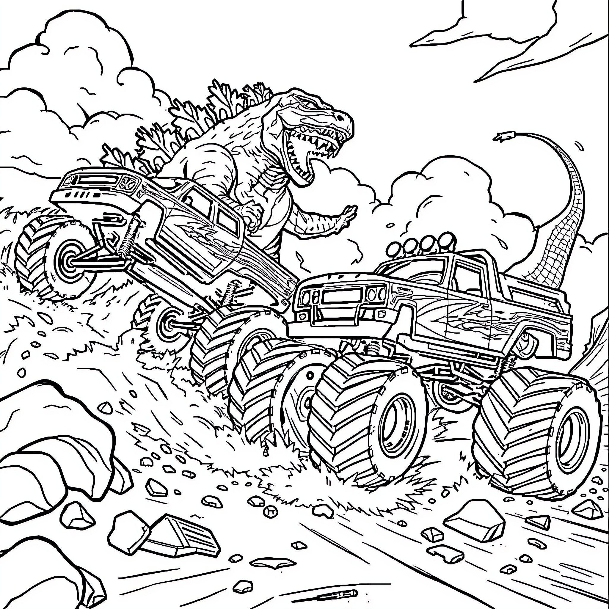 Monster Truck Trampling Dinosaur in Dramatic Scene Coloring Page (free black-and-white line drawing printable PDF for all, from beginners to advanced learners, including children, teens, adults, and seniors)