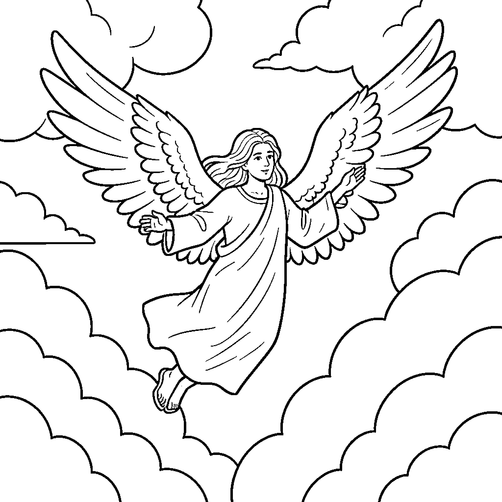 Angel soaring through the heavenly clouds Coloring Page (free black-and-white line drawing printable PDF for all, from beginners to advanced learners, including children, teens, adults, and seniors)