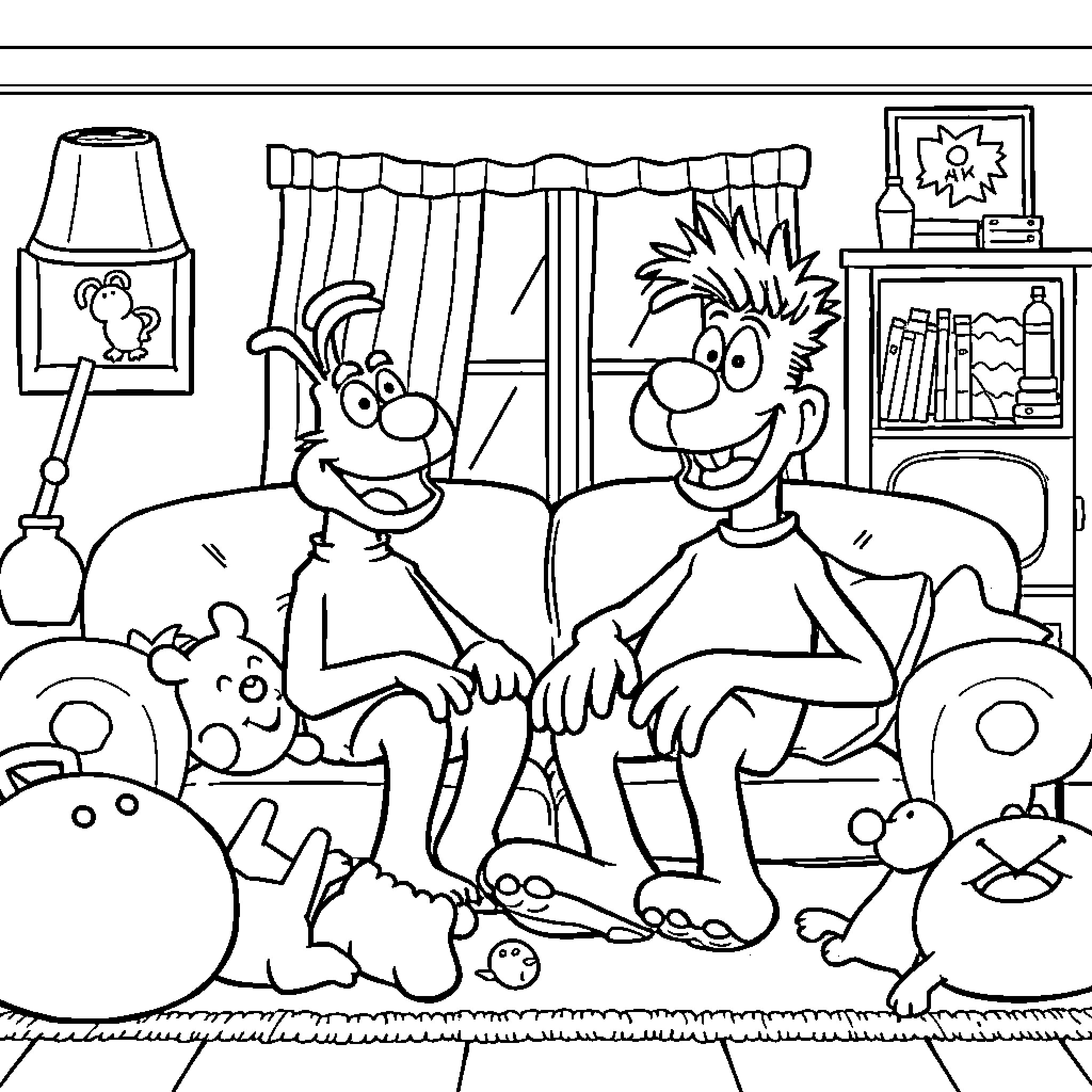 Monster friends having a playful gathering in their living room Coloring Page (free black-and-white line drawing printable PDF for all, from beginners to advanced learners, including children, teens, adults, and seniors)