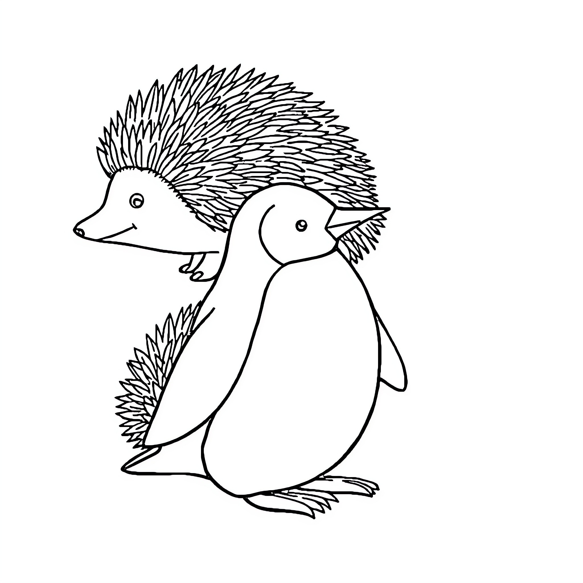Penguin and hedgehog standing together Coloring Page (free black-and-white line drawing printable PDF for all, from beginners to advanced learners, including children, teens, adults, and seniors)