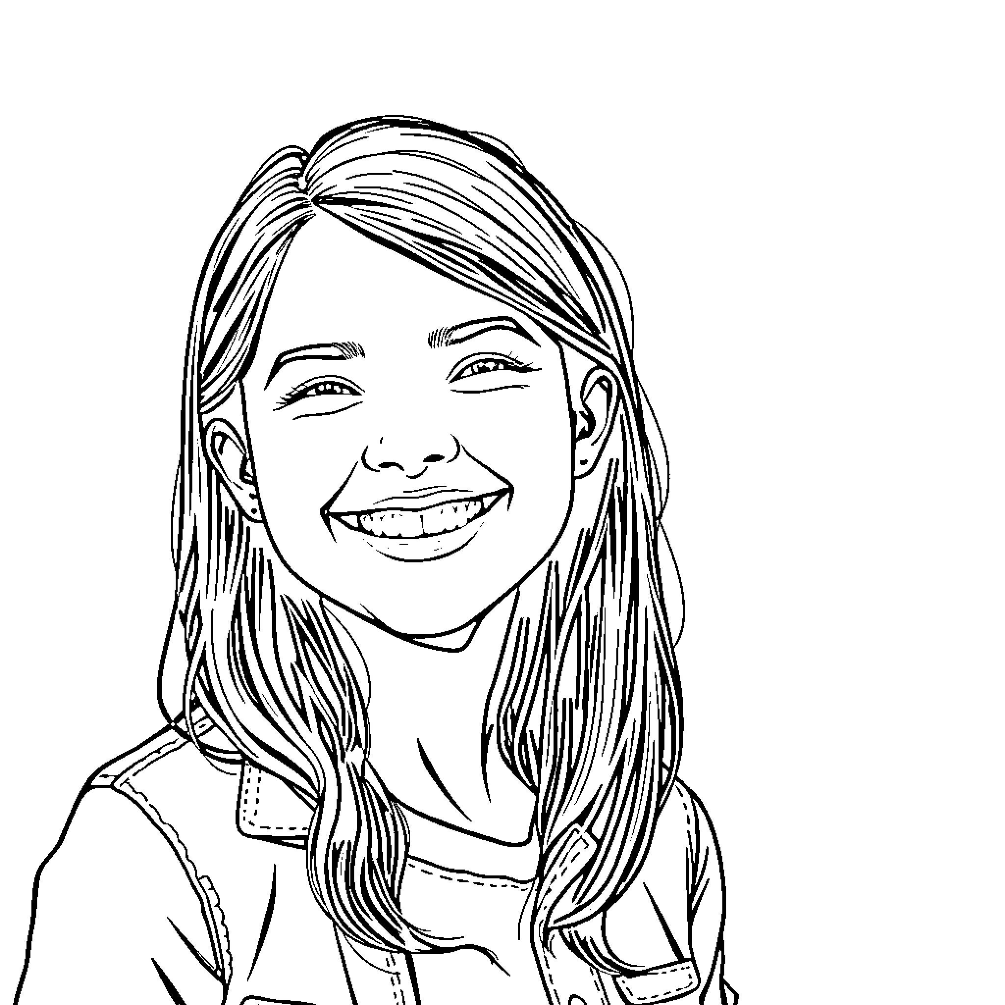Girl with a cheerful expression Coloring Page (free black-and-white line drawing printable PDF for all, from beginners to advanced learners, including children, teens, adults, and seniors)