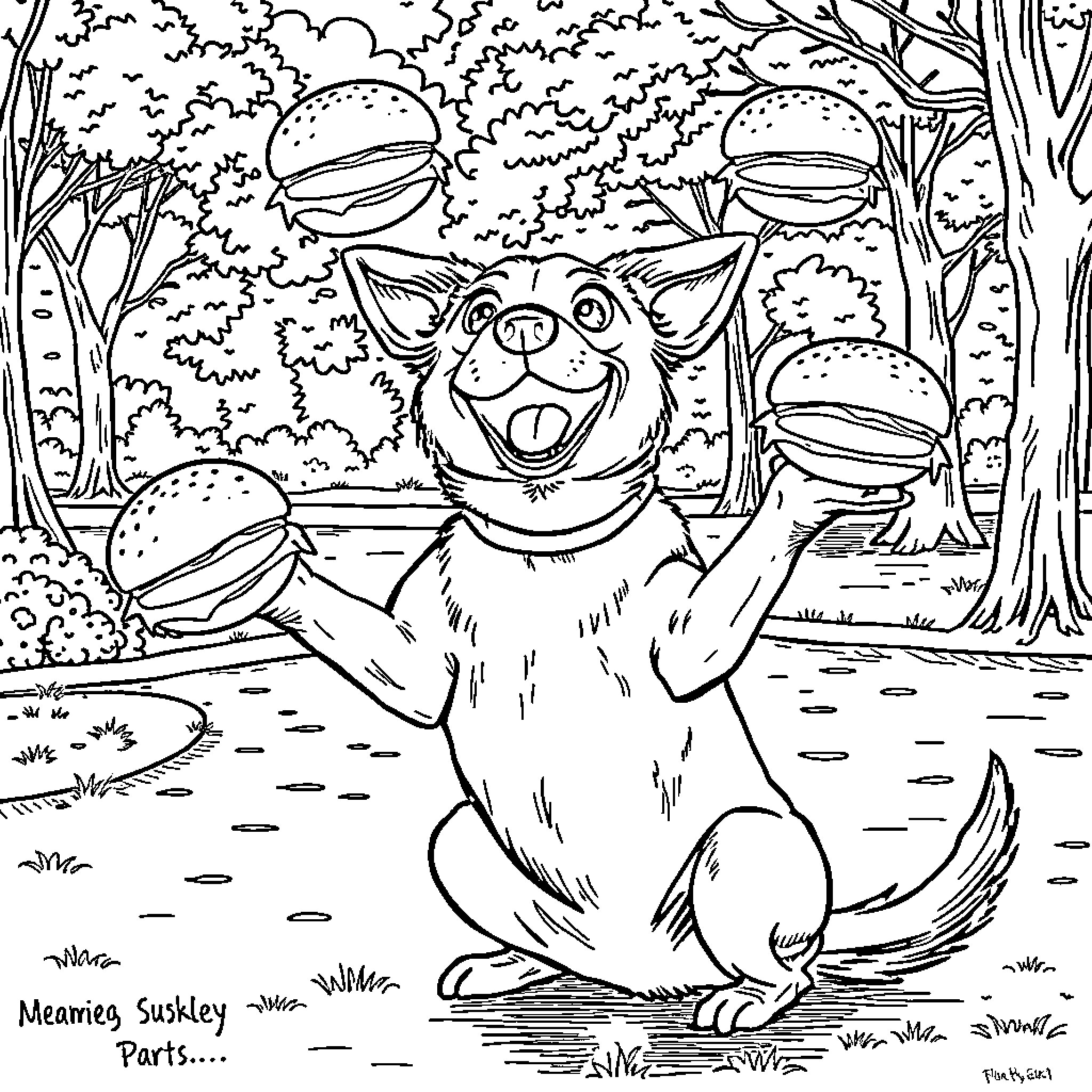 Dog happily playing with burgers in the forest Coloring Page (free black-and-white line drawing printable PDF for all, from beginners to advanced learners, including children, teens, adults, and seniors)