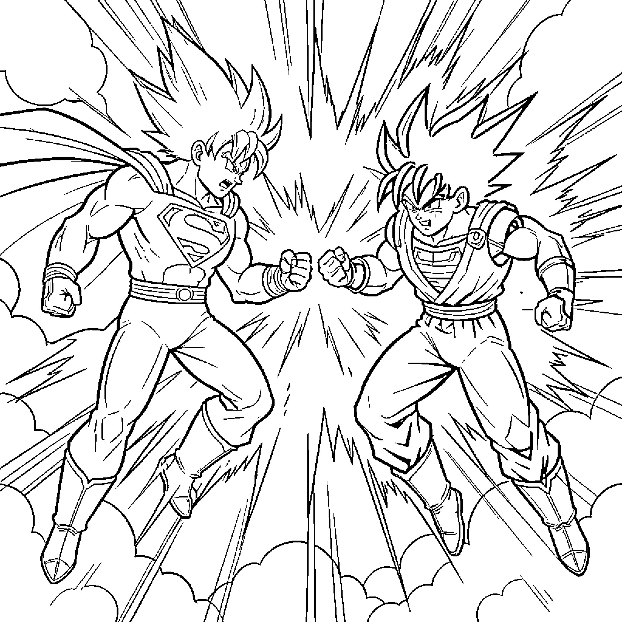 Superman and warrior character in epic battle Coloring Page (free black-and-white line drawing printable PDF for all, from beginners to advanced learners, including children, teens, adults, and seniors)