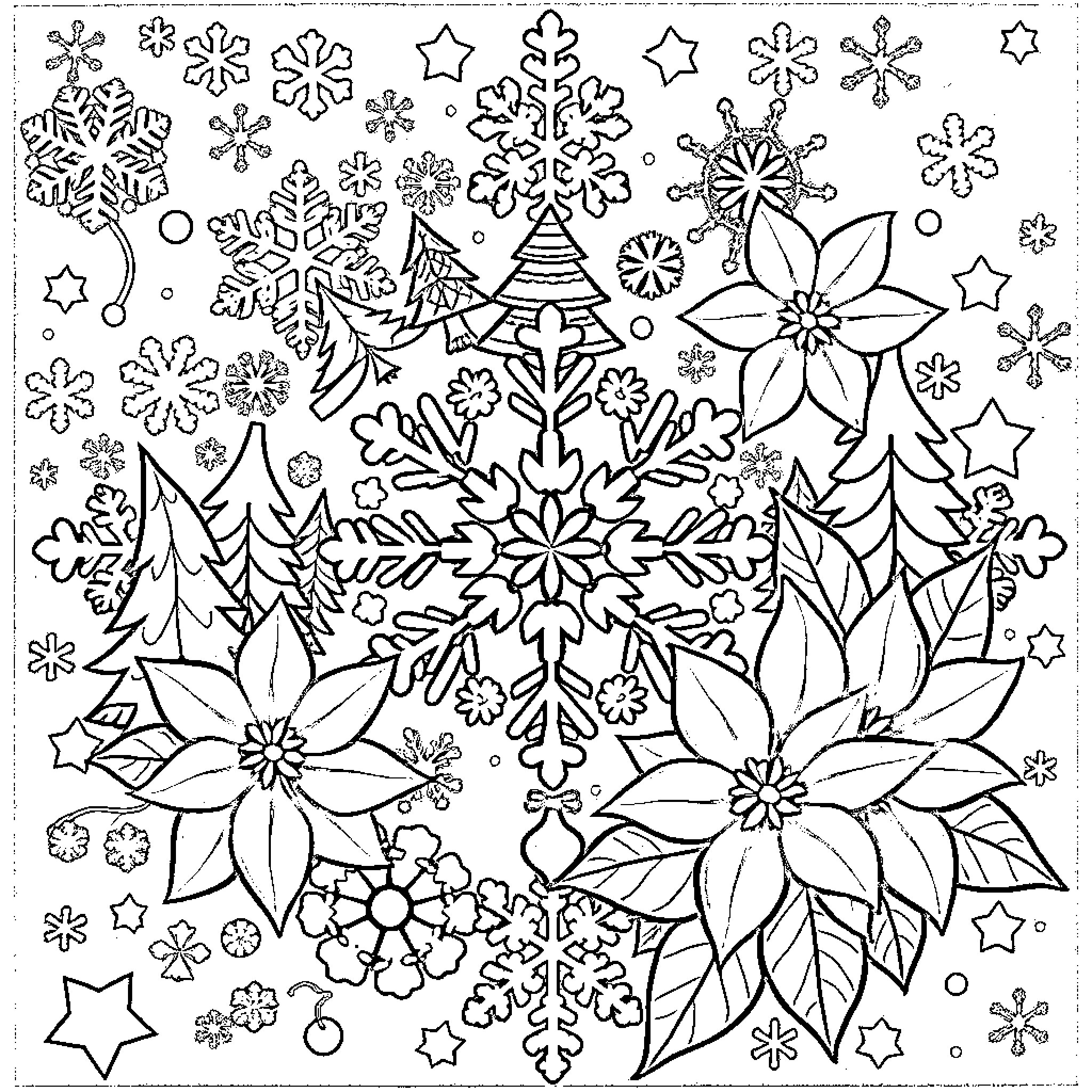 Mandala of Winter Flowers and Snowflakes Coloring Page (free black-and-white line drawing printable PDF for all, from beginners to advanced learners, including children, teens, adults, and seniors)