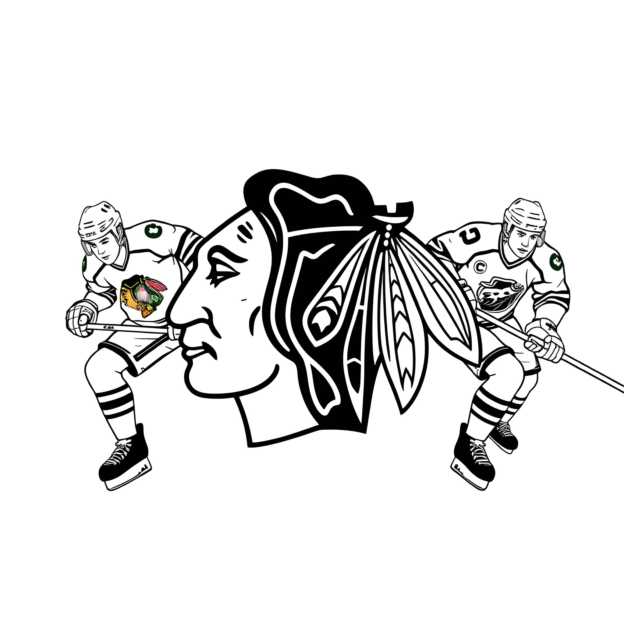 Chicago Blackhawks hockey players in action Coloring Page (free black-and-white line drawing printable PDF for all, from beginners to advanced learners, including children, teens, adults, and seniors)