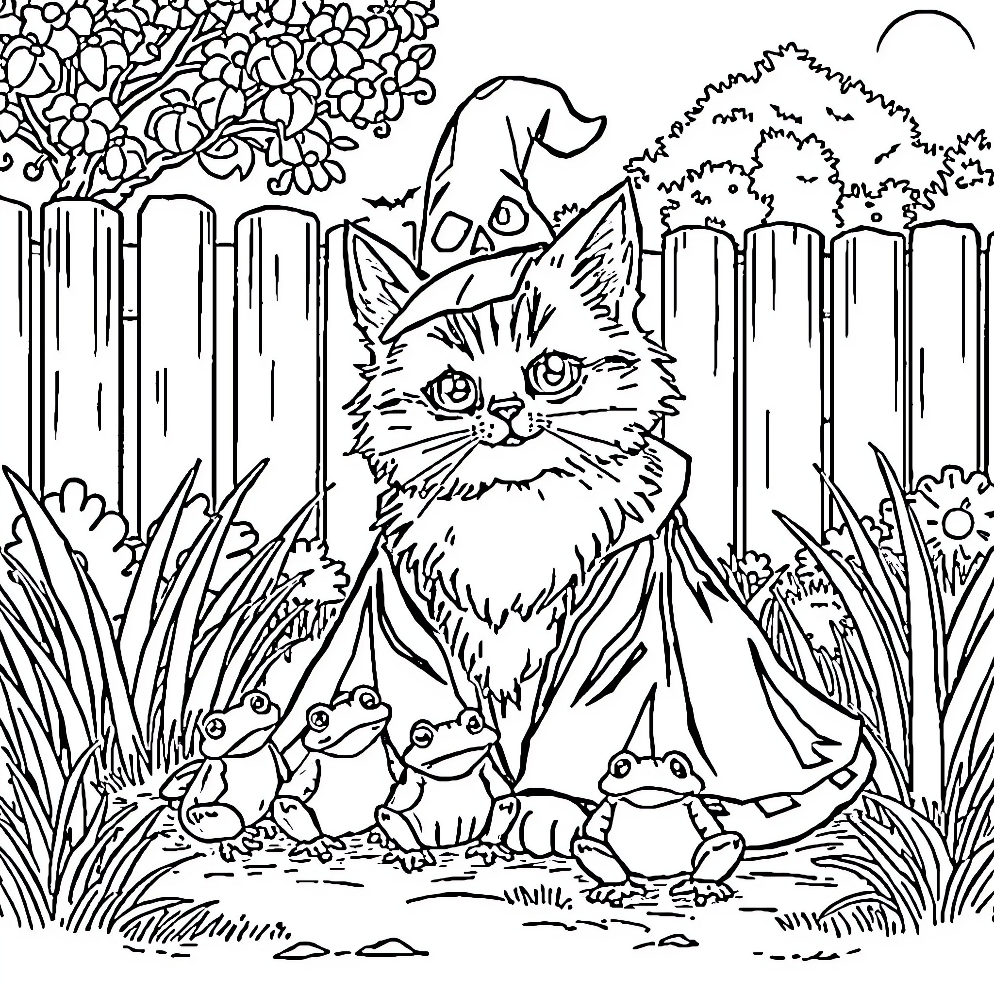 Cat in wizard hat with frog companions in the garden Coloring Page (free black-and-white line drawing printable PDF for all, from beginners to advanced learners, including children, teens, adults, and seniors)