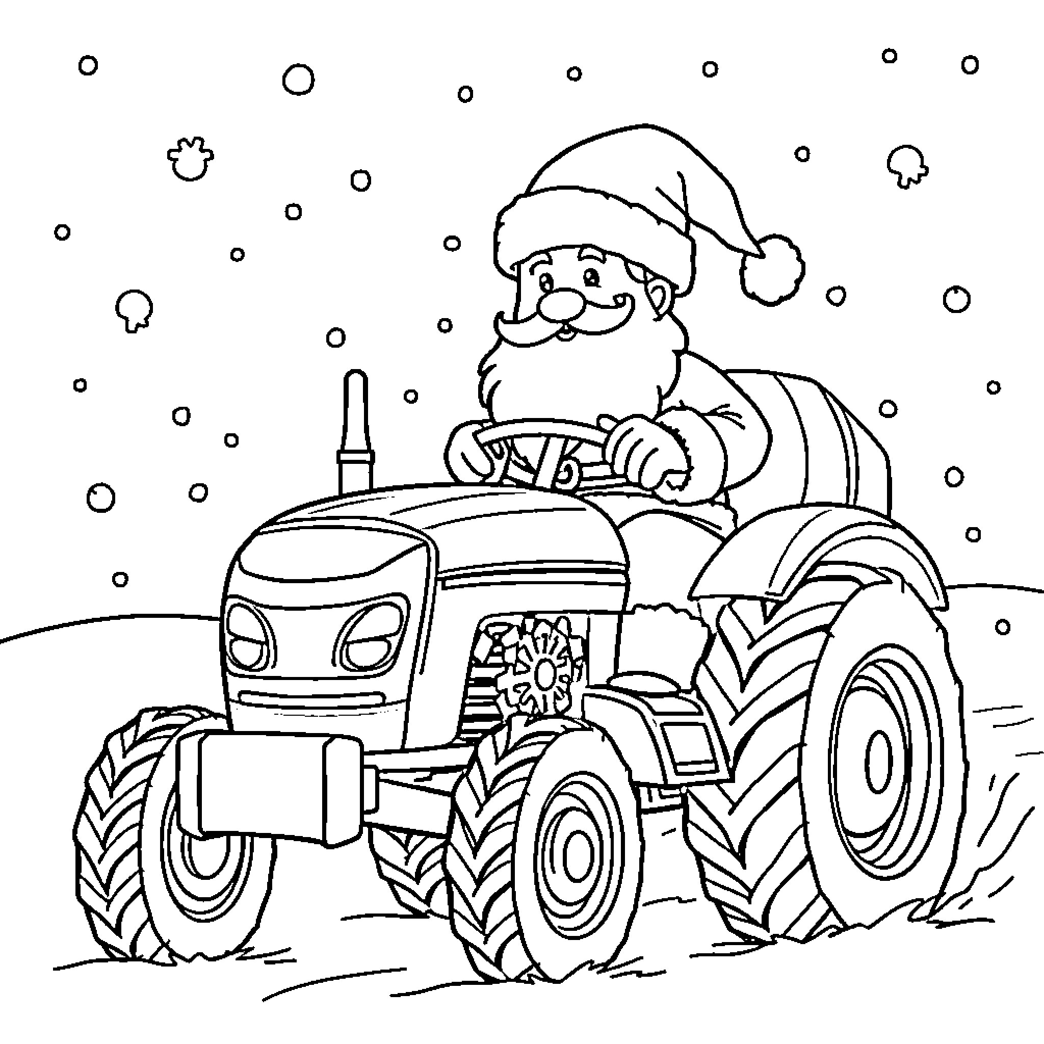 Santa Claus driving tractor through snowy landscape Coloring Page (free black-and-white line drawing printable PDF for all, from beginners to advanced learners, including children, teens, adults, and seniors)