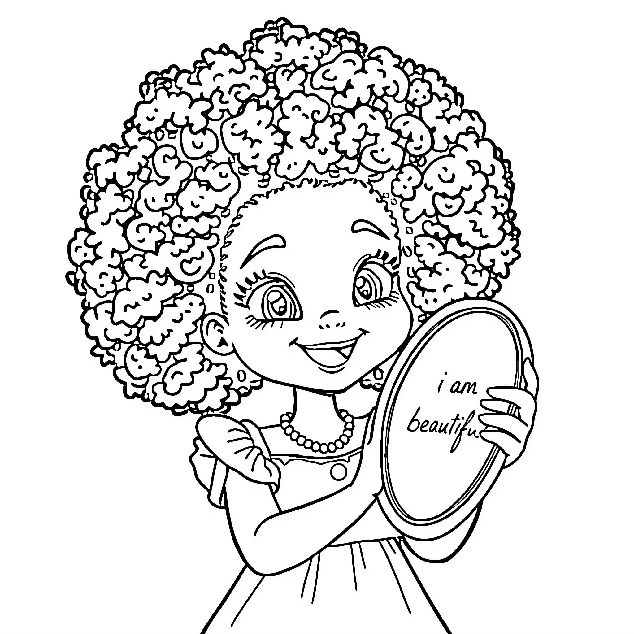 Girl looking at herself in the mirror, smiling Coloring Page (free black-and-white line drawing printable PDF for all, from beginners to advanced learners, including children, teens, adults, and seniors)