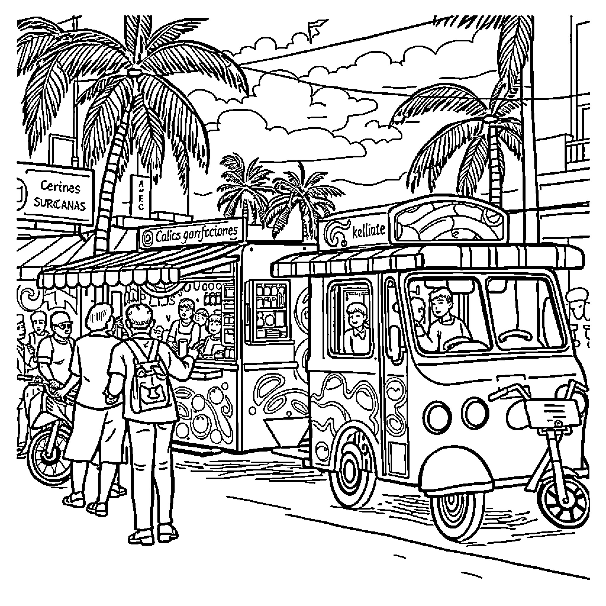Lunchboxes and snacks at beachside street stalls Coloring Page (free black-and-white line drawing printable PDF for all, from beginners to advanced learners, including children, teens, adults, and seniors)