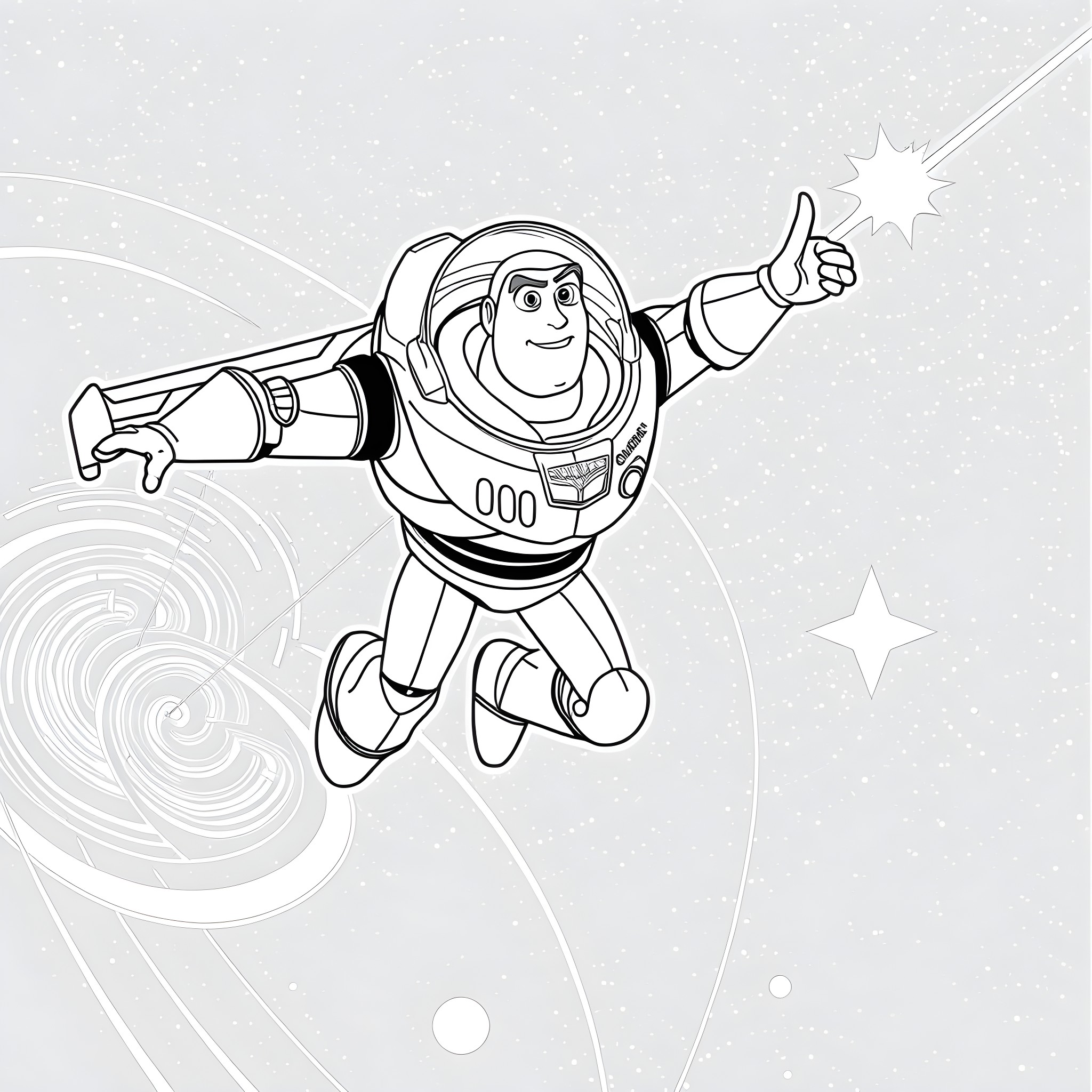 Buzz Lightyear soaring through space adventure Coloring Page (free black-and-white line drawing printable PDF for all, from beginners to advanced learners, including children, teens, adults, and seniors)