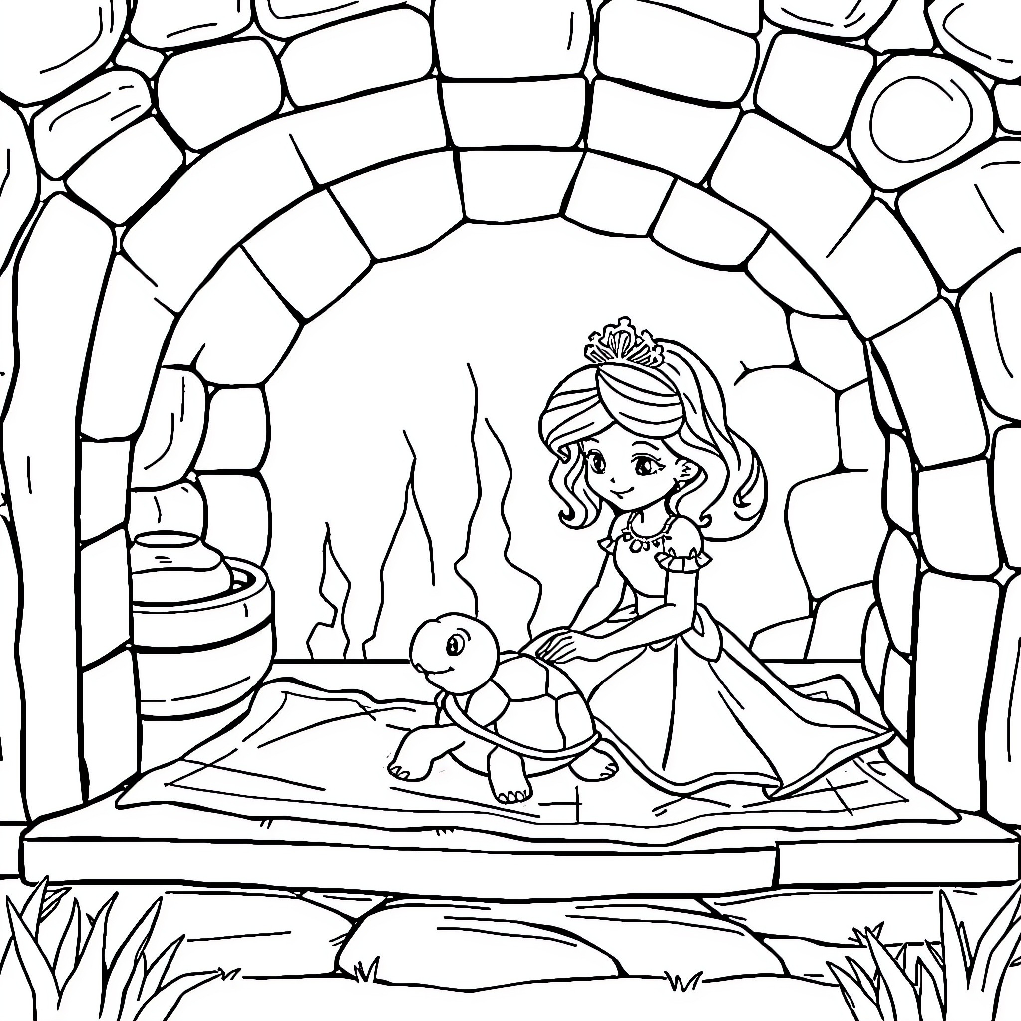 Princess Meets Friendly Turtle in Enchanted Grotto Coloring Page (free black-and-white line drawing printable PDF for all, from beginners to advanced learners, including children, teens, adults, and seniors)