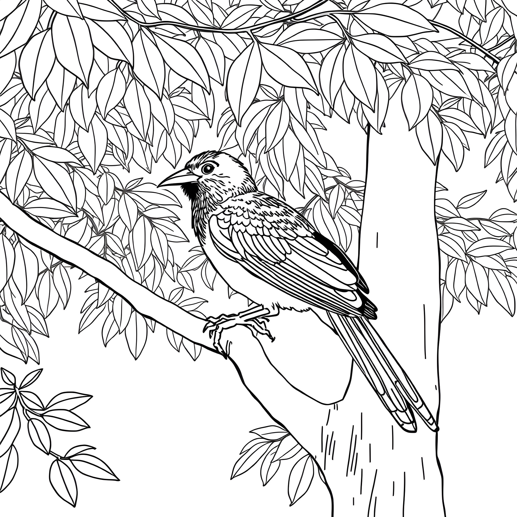 Passerina bird perched on branch amidst leaves Coloring Page (free black-and-white line drawing printable PDF for all, from beginners to advanced learners, including children, teens, adults, and seniors)