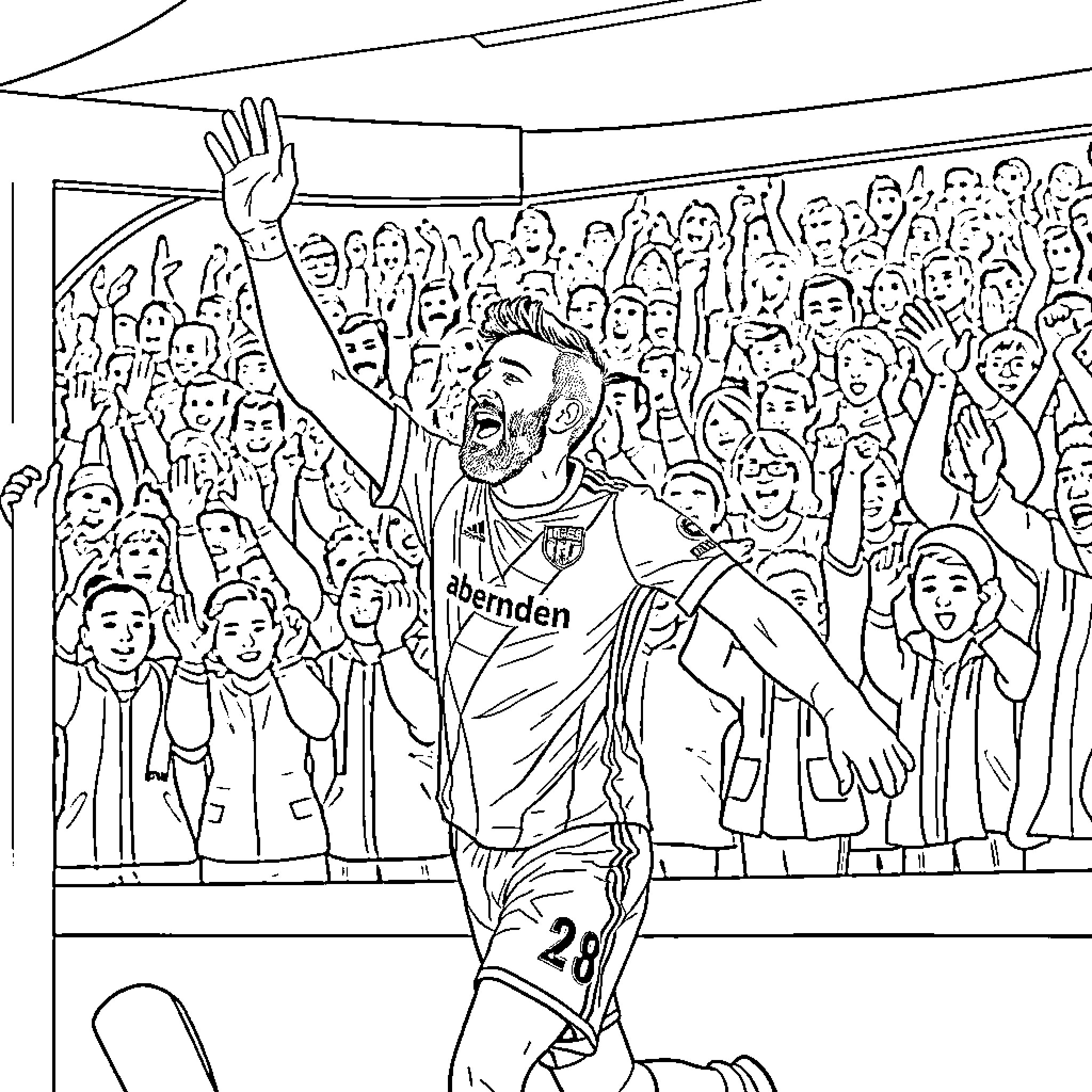 Graeme Shinnie celebrating in front of cheering crowd Coloring Page (free black-and-white line drawing printable PDF for all, from beginners to advanced learners, including children, teens, adults, and seniors)