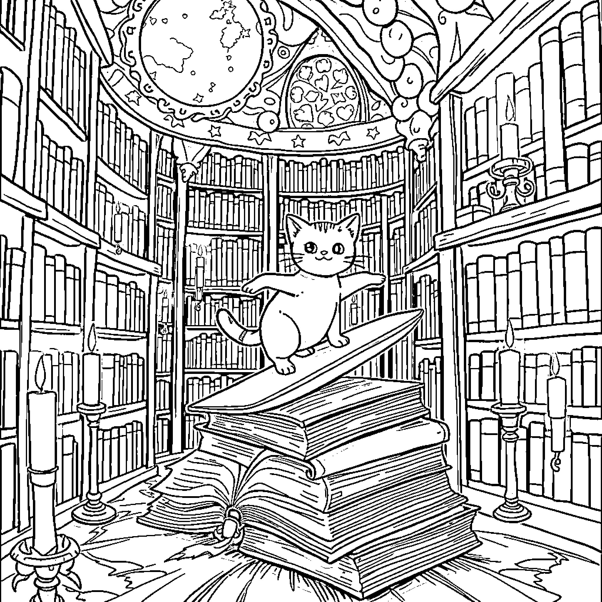 Cat exploring magical library Coloring Page (free black-and-white line drawing printable PDF for all, from beginners to advanced learners, including children, teens, adults, and seniors)