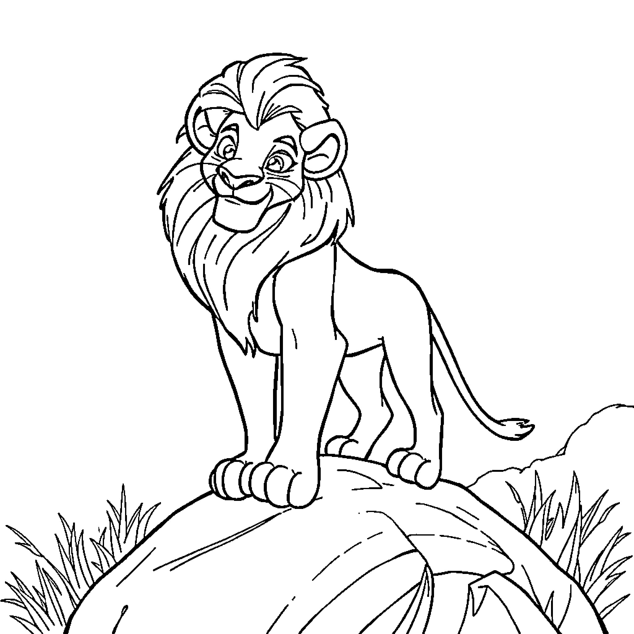 Simba the lion cub in the wild Coloring Page (free black-and-white line drawing printable PDF for all, from beginners to advanced learners, including children, teens, adults, and seniors)