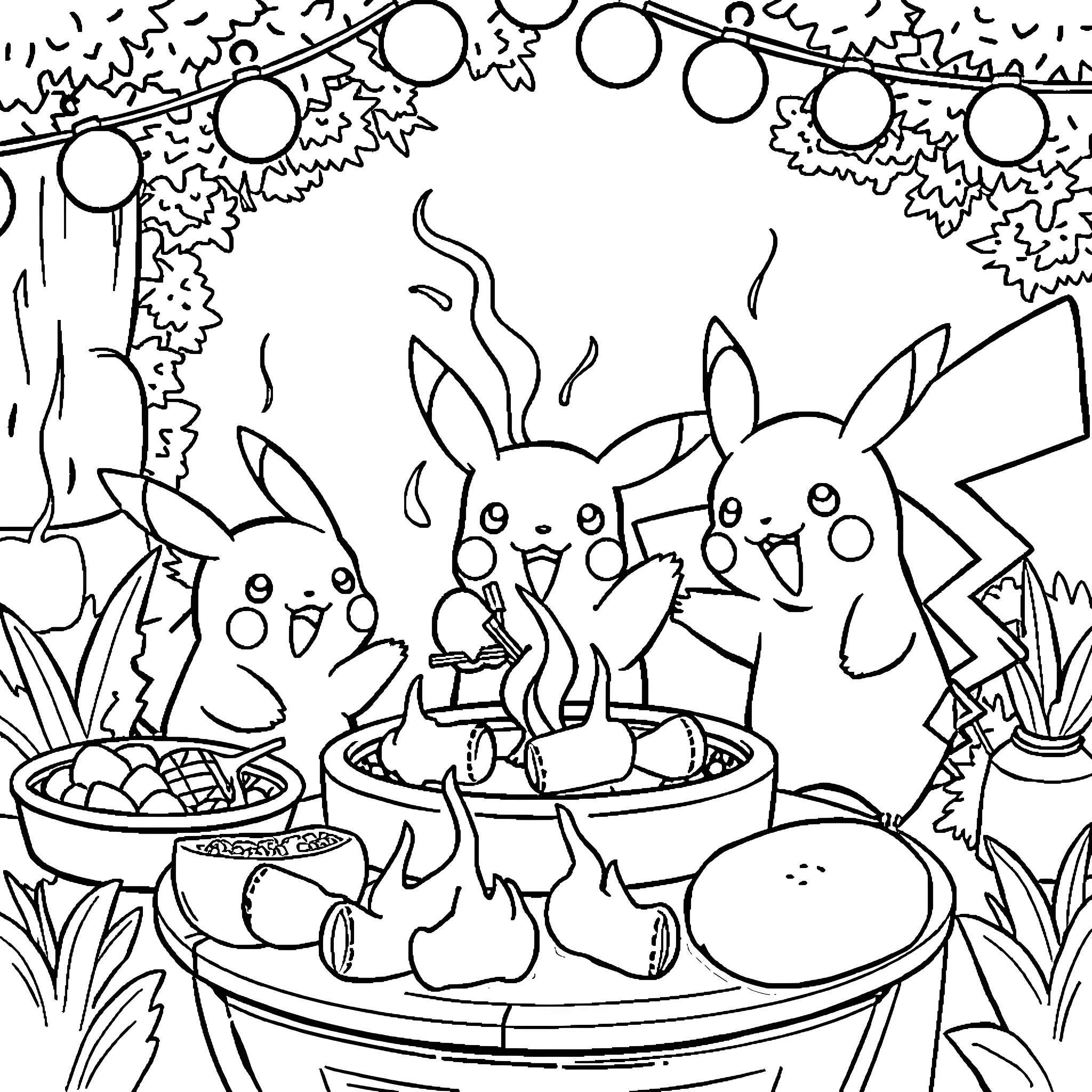 Pikachu Enjoying a Picnic with Friends Coloring Page (free black-and-white line drawing printable PDF for all, from beginners to advanced learners, including children, teens, adults, and seniors)