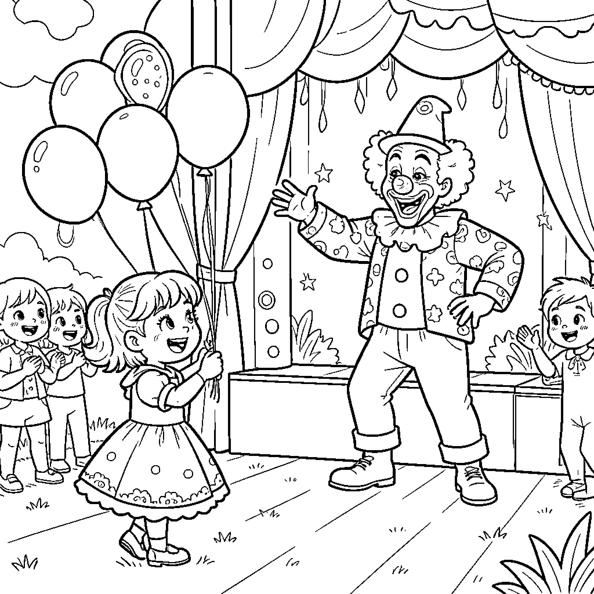 Clown performing tricks for a group of happy children Coloring Page (free black-and-white line drawing printable PDF for all, from beginners to advanced learners, including children, teens, adults, and seniors)