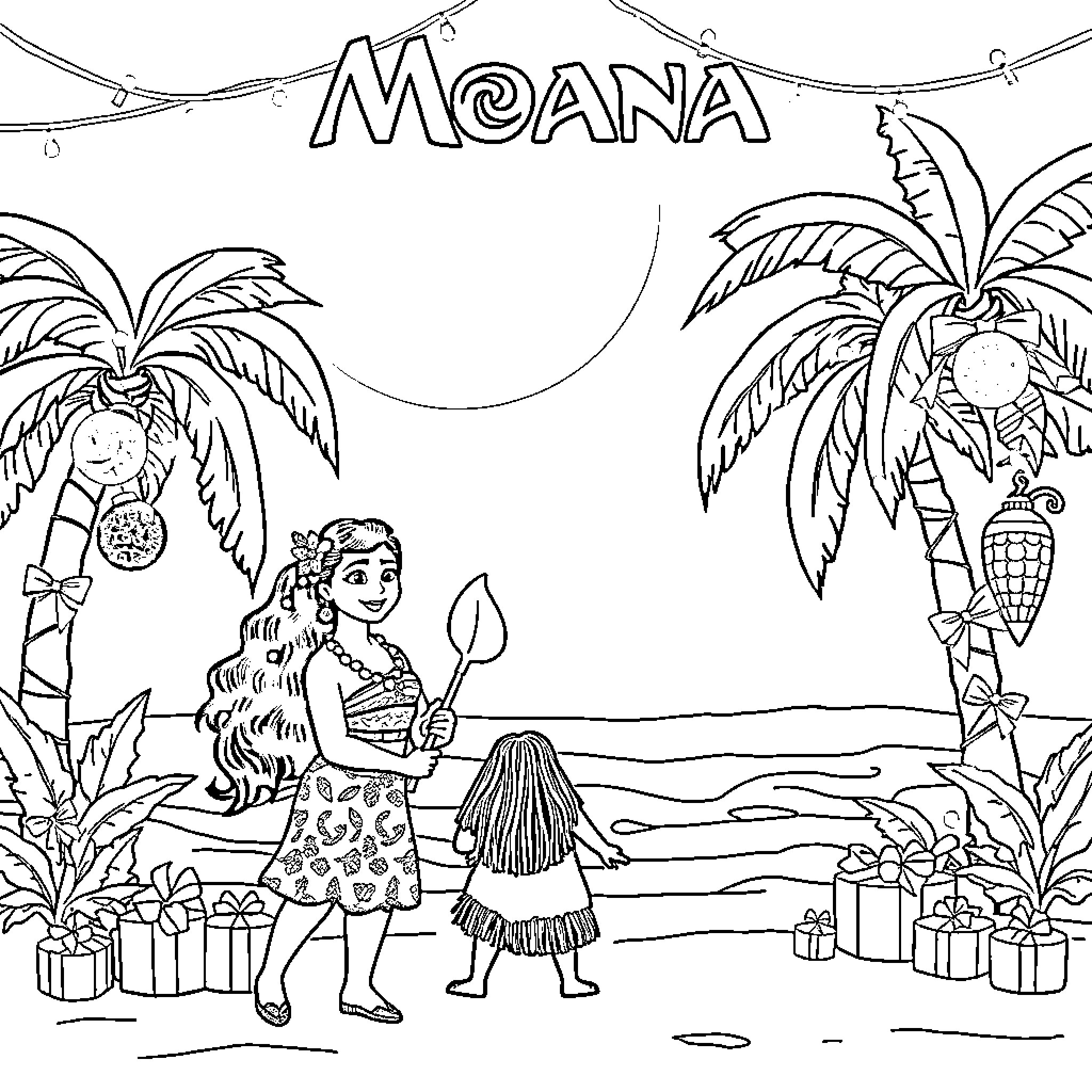 Moana exploring tropical island with friend Coloring Page (free black-and-white line drawing printable PDF for all, from beginners to advanced learners, including children, teens, adults, and seniors)