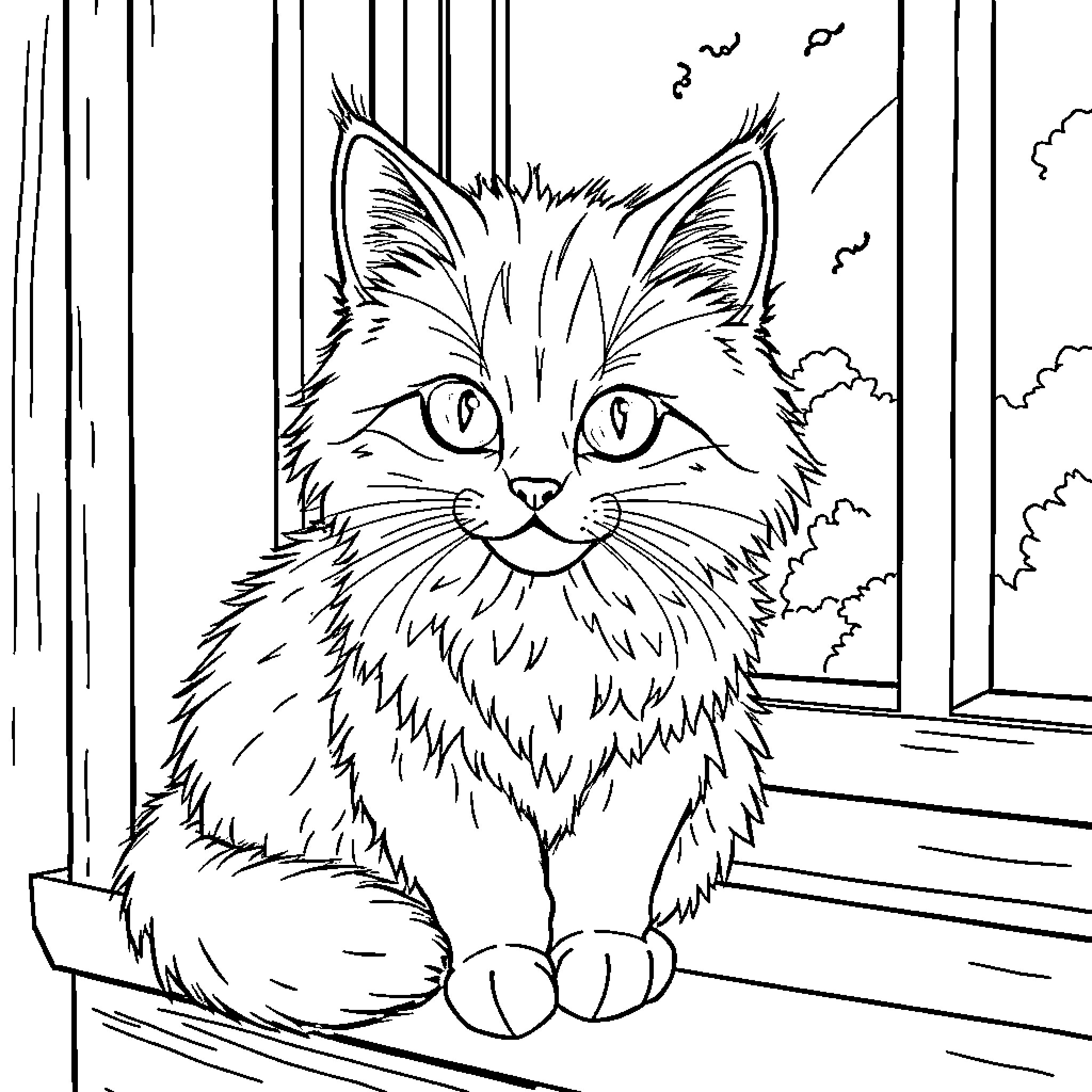 Cat sitting calmly by the window Coloring Page (free black-and-white line drawing printable PDF for all, from beginners to advanced learners, including children, teens, adults, and seniors)