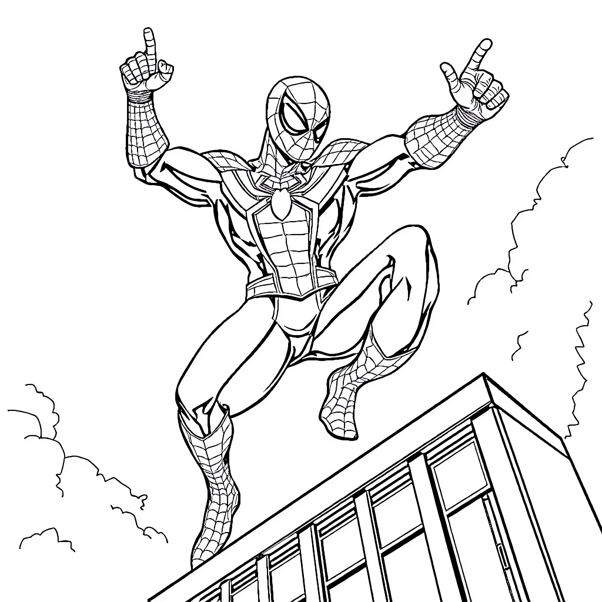 Spiderman heroically leaping over city buildings Coloring Page (free black-and-white line drawing printable PDF for all, from beginners to advanced learners, including children, teens, adults, and seniors)