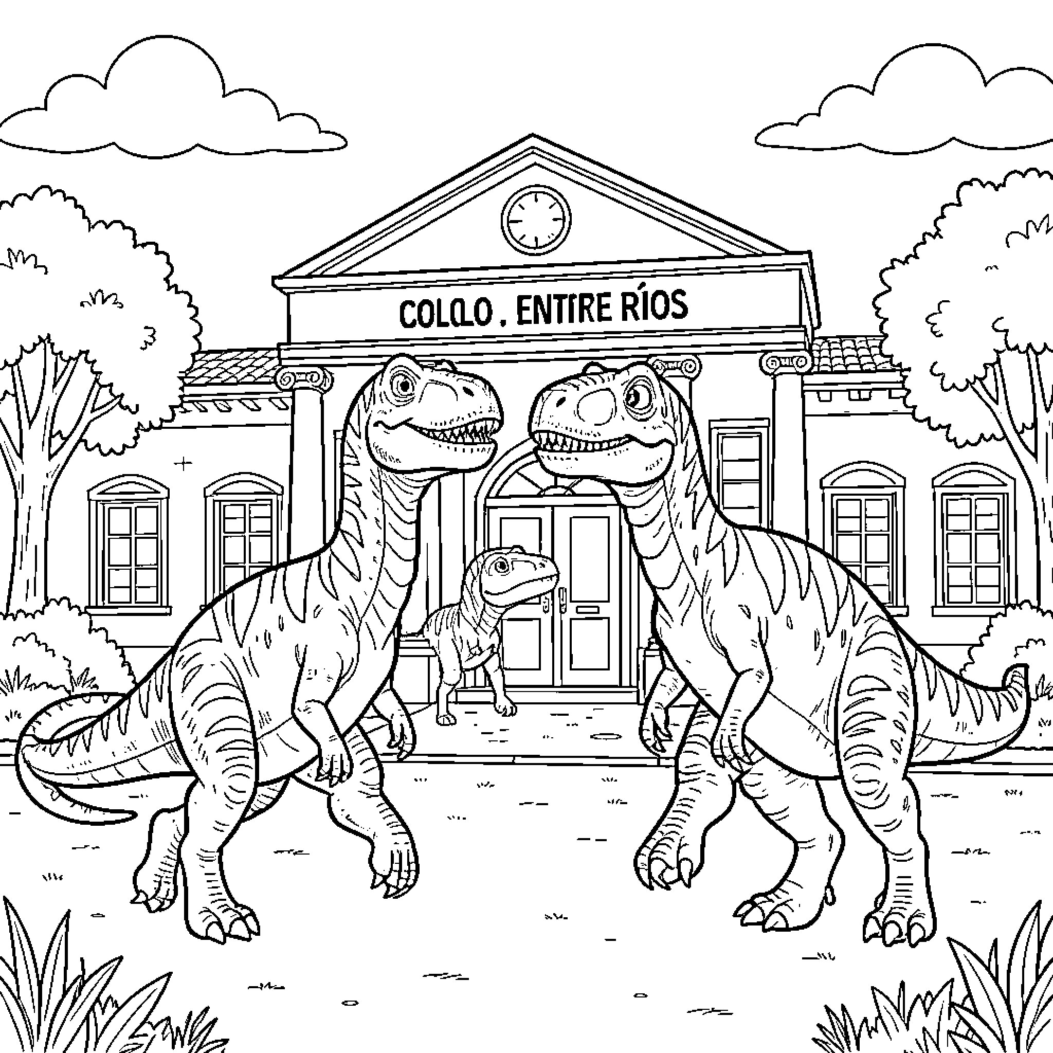 Dinosaurs visiting the Collo, Entire Rios museum Coloring Page (free black-and-white line drawing printable PDF for all, from beginners to advanced learners, including children, teens, adults, and seniors)