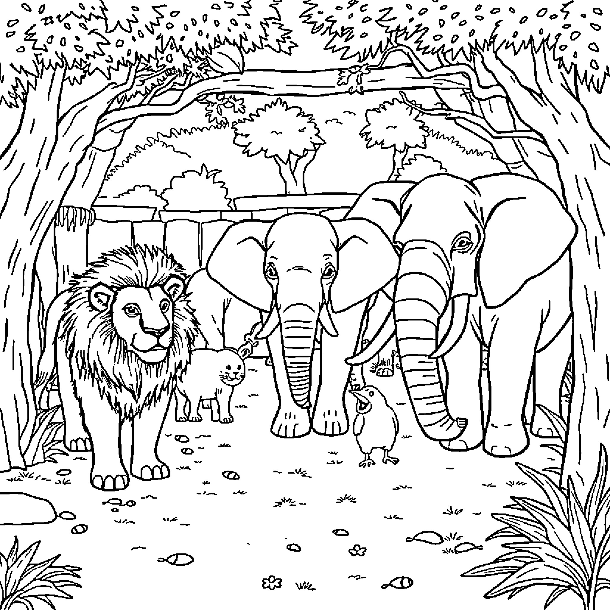 Animal Exploring a Lush Jungle Landscape Coloring Page (free black-and-white line drawing printable PDF for all, from beginners to advanced learners, including children, teens, adults, and seniors)