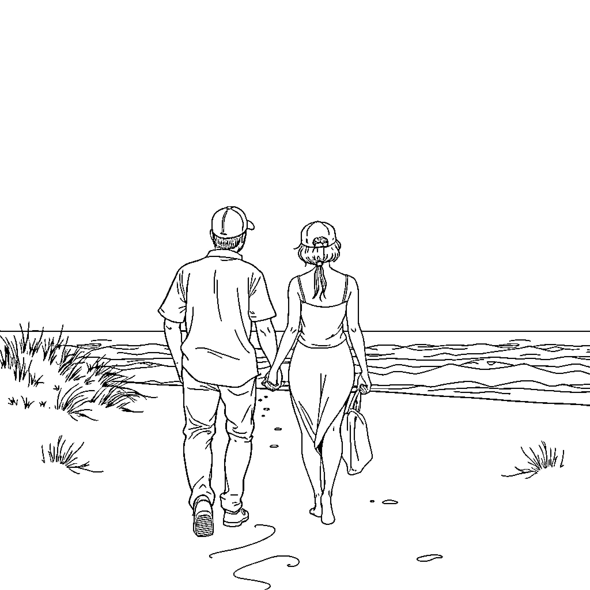 Couple strolling along the beach Coloring Page (free black-and-white line drawing printable PDF for all, from beginners to advanced learners, including children, teens, adults, and seniors)