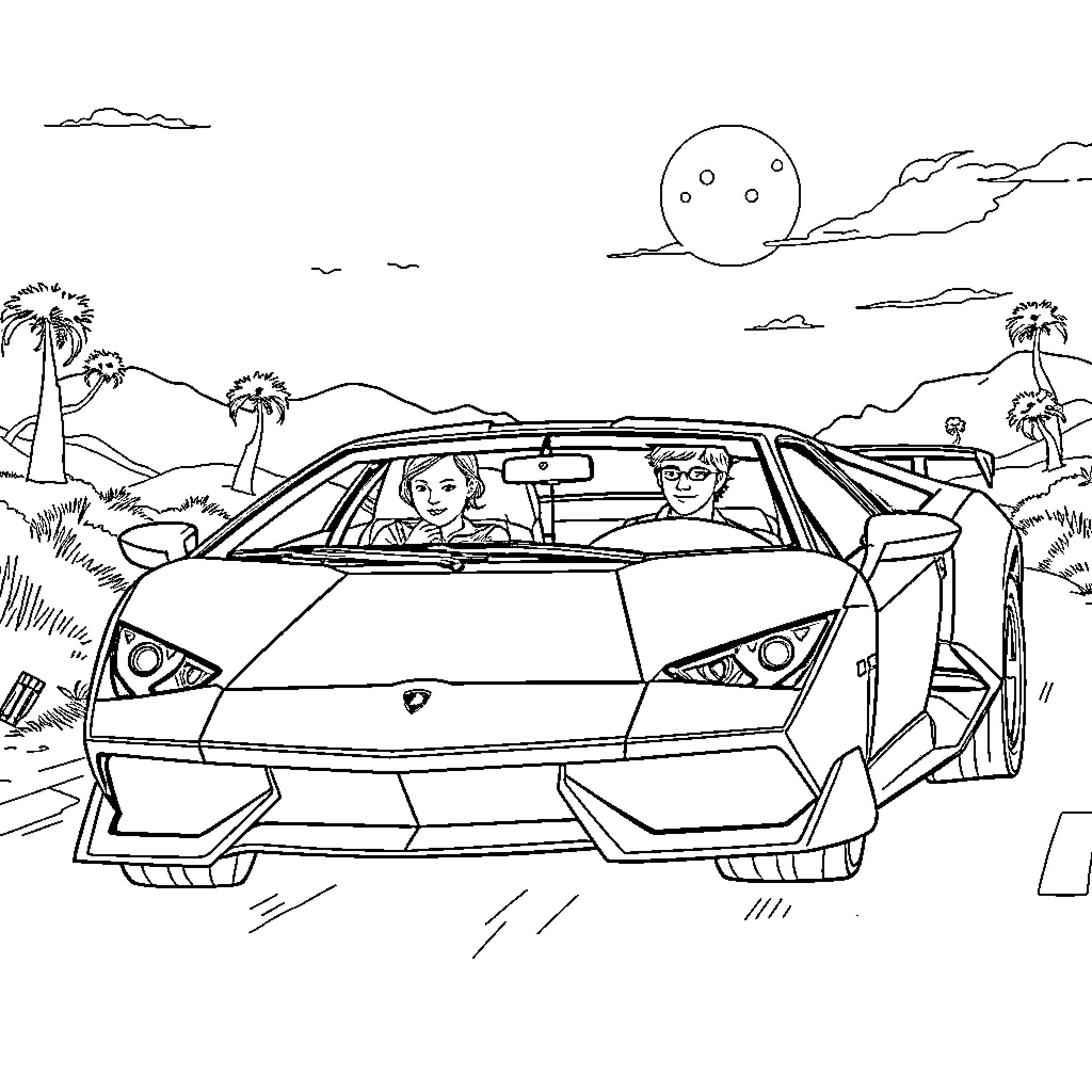 Lamborghini sports car on tropical beach adventure Coloring Page (free black-and-white line drawing printable PDF for all, from beginners to advanced learners, including children, teens, adults, and seniors)