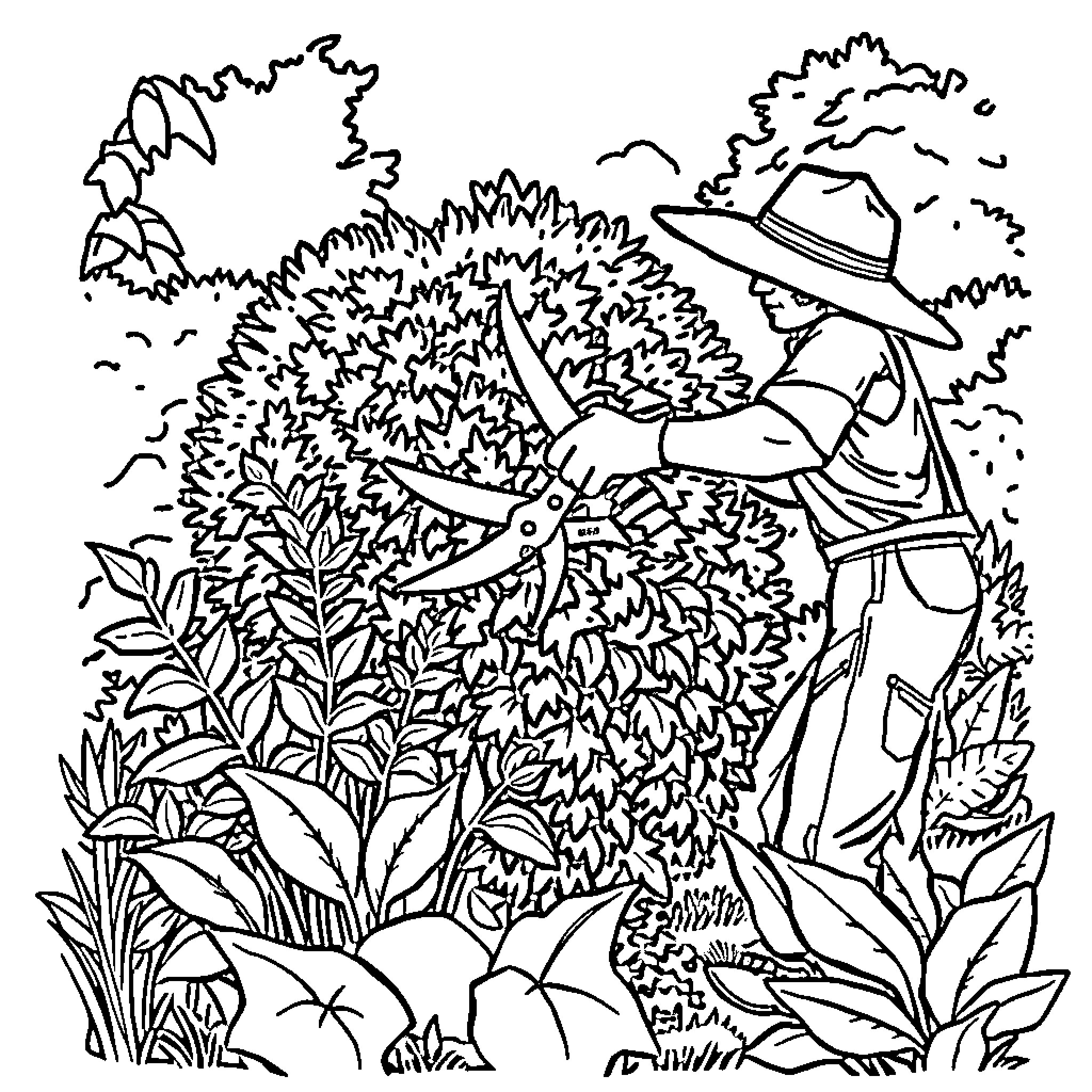 Gardener tending to lush garden Coloring Page (free black-and-white line drawing printable PDF for all, from beginners to advanced learners, including children, teens, adults, and seniors)