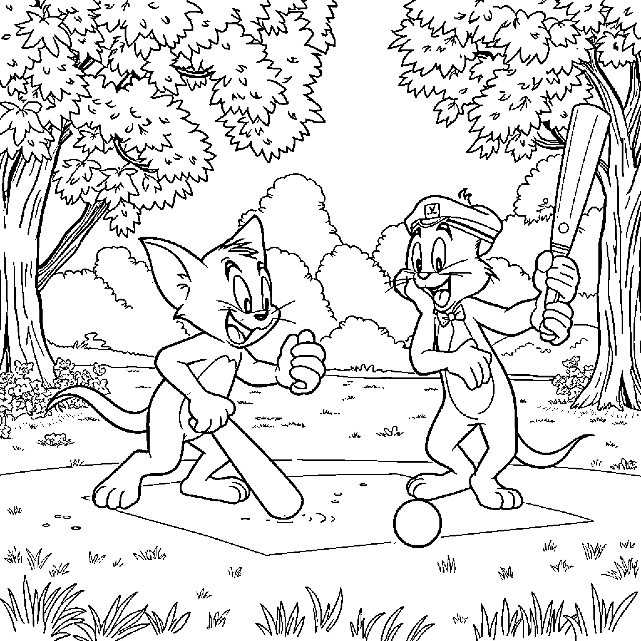 Tom and Jerry's Playful Adventure in the Forest Coloring Page (free black-and-white line drawing printable PDF for all, from beginners to advanced learners, including children, teens, adults, and seniors)