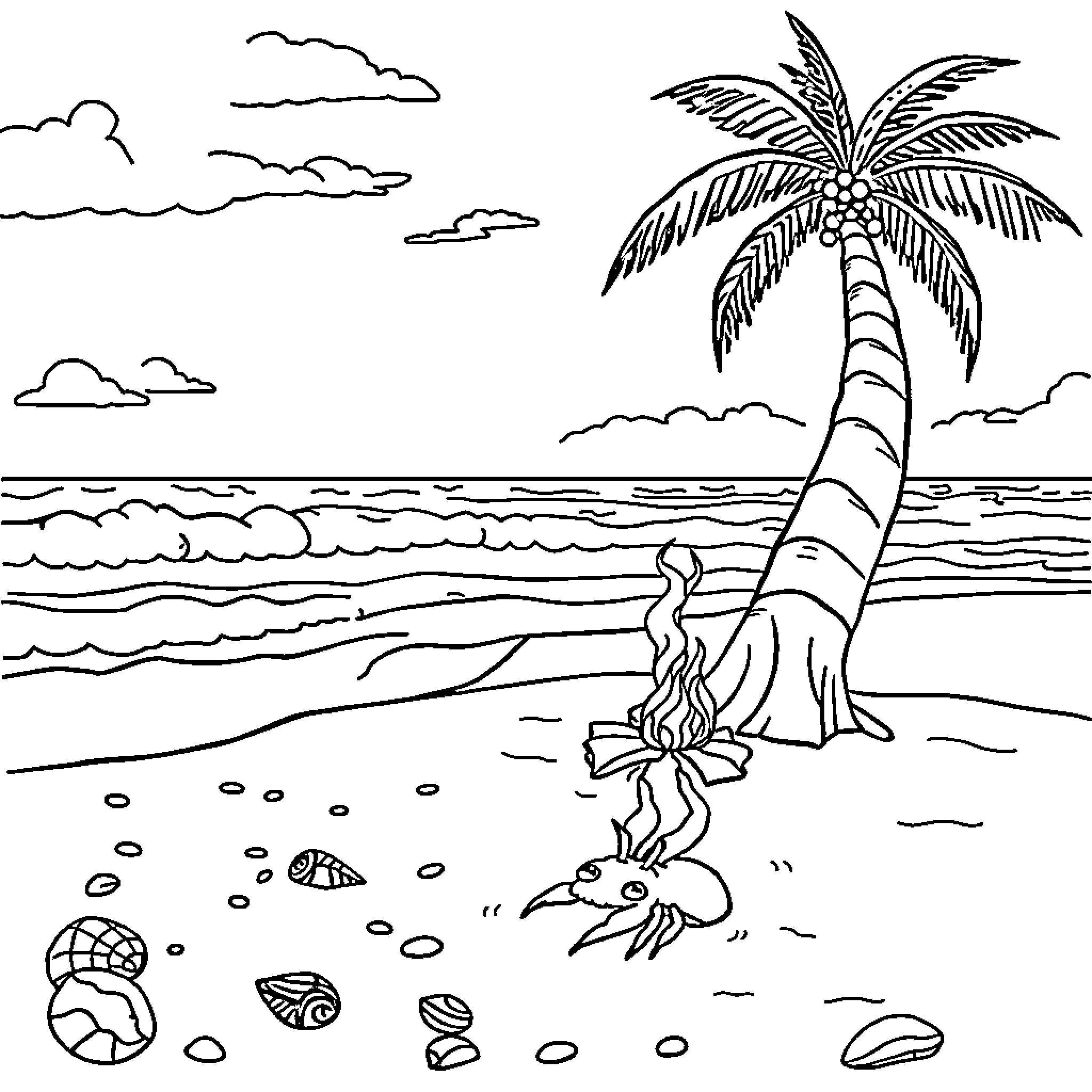 Beach scene with palm tree and seashells Coloring Page (free black-and-white line drawing printable PDF for all, from beginners to advanced learners, including children, teens, adults, and seniors)