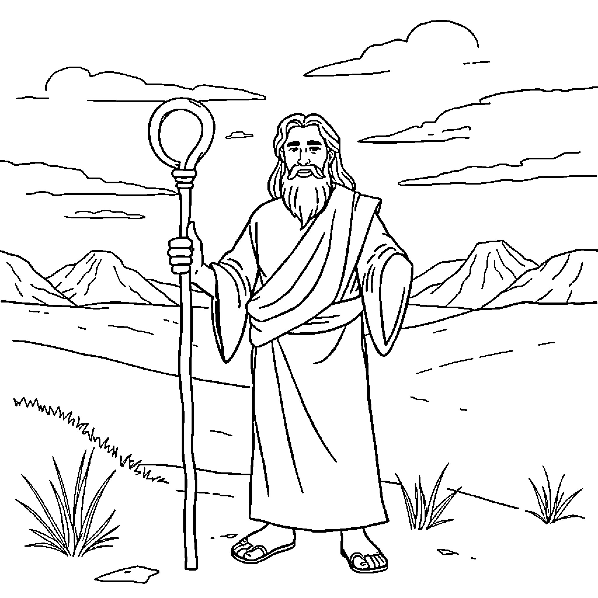 Moses holding staff in desert landscape Coloring Page (free black-and-white line drawing printable PDF for all, from beginners to advanced learners, including children, teens, adults, and seniors)