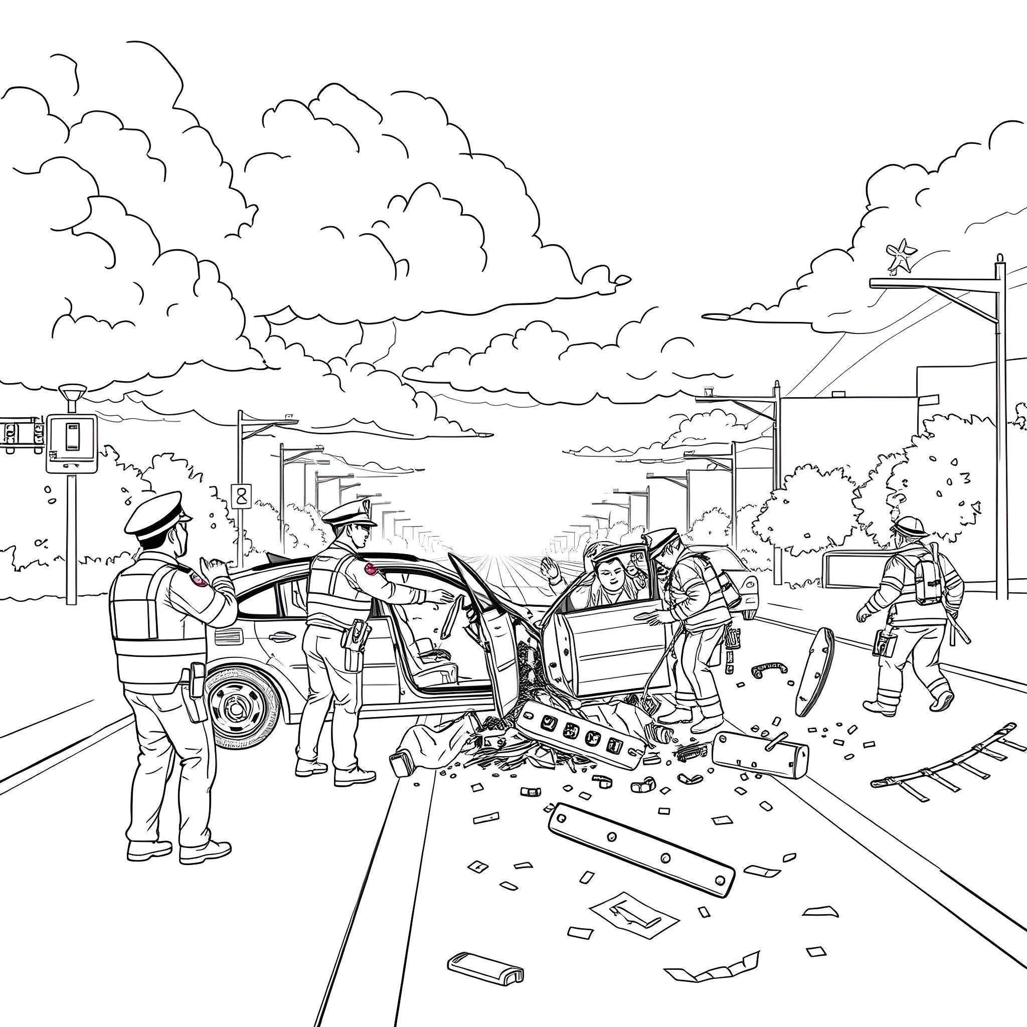 Car accident scene with emergency responders Coloring Page (free black-and-white line drawing printable PDF for all, from beginners to advanced learners, including children, teens, adults, and seniors)