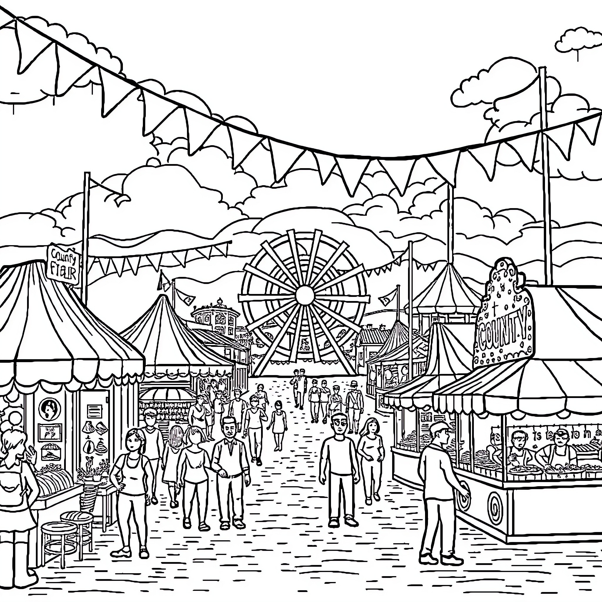County Fair with Festive Crowds and Carnival Rides Coloring Page (free black-and-white line drawing printable PDF for all, from beginners to advanced learners, including children, teens, adults, and seniors)