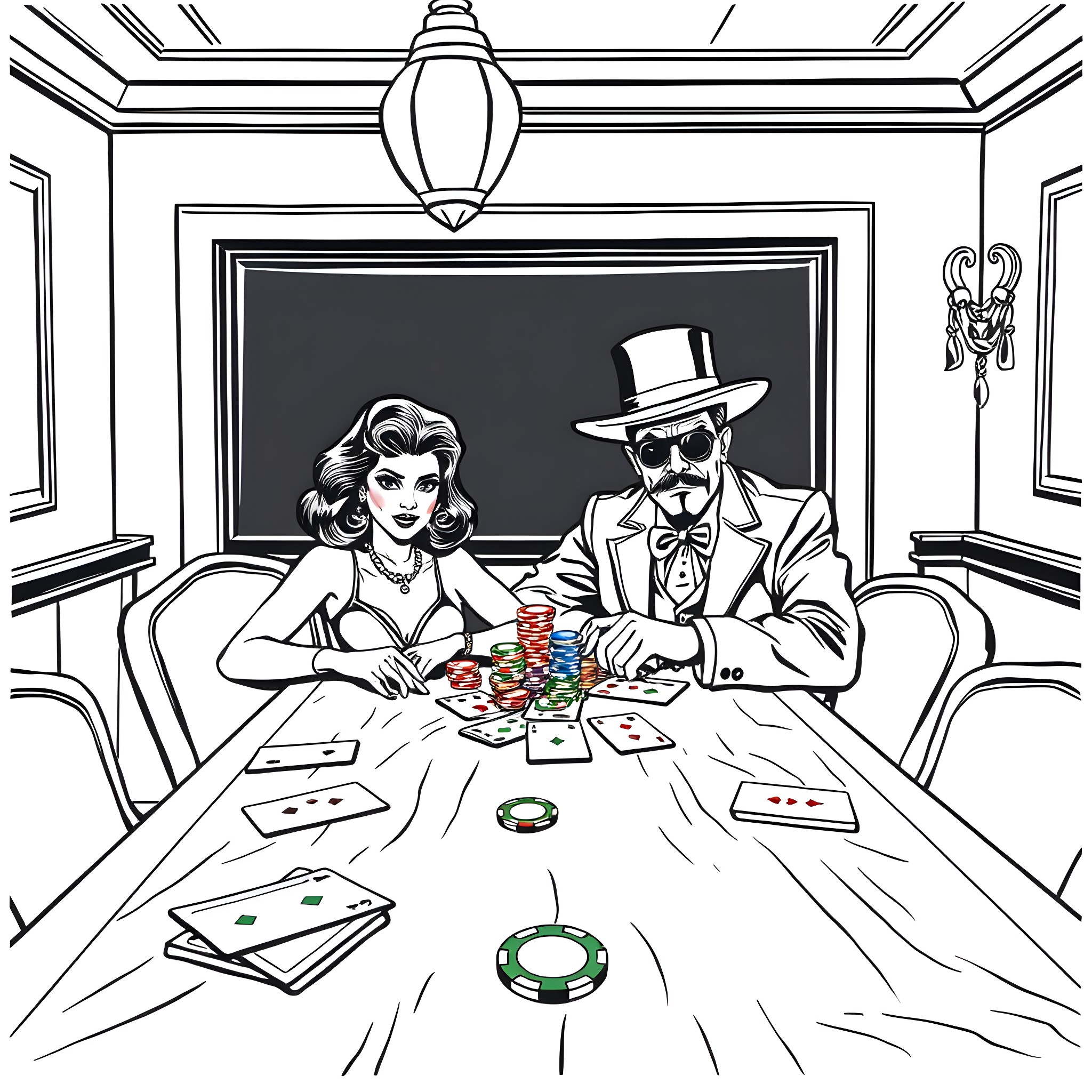 Peso Pluma playing poker with a glamorous companion Coloring Page (free black-and-white line drawing printable PDF for all, from beginners to advanced learners, including children, teens, adults, and seniors)