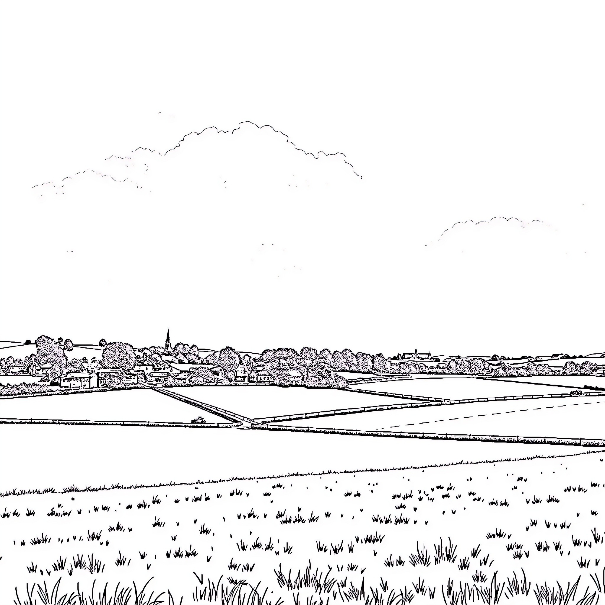 Landscape of rolling hills and distant town Coloring Page (free black-and-white line drawing printable PDF for all, from beginners to advanced learners, including children, teens, adults, and seniors)