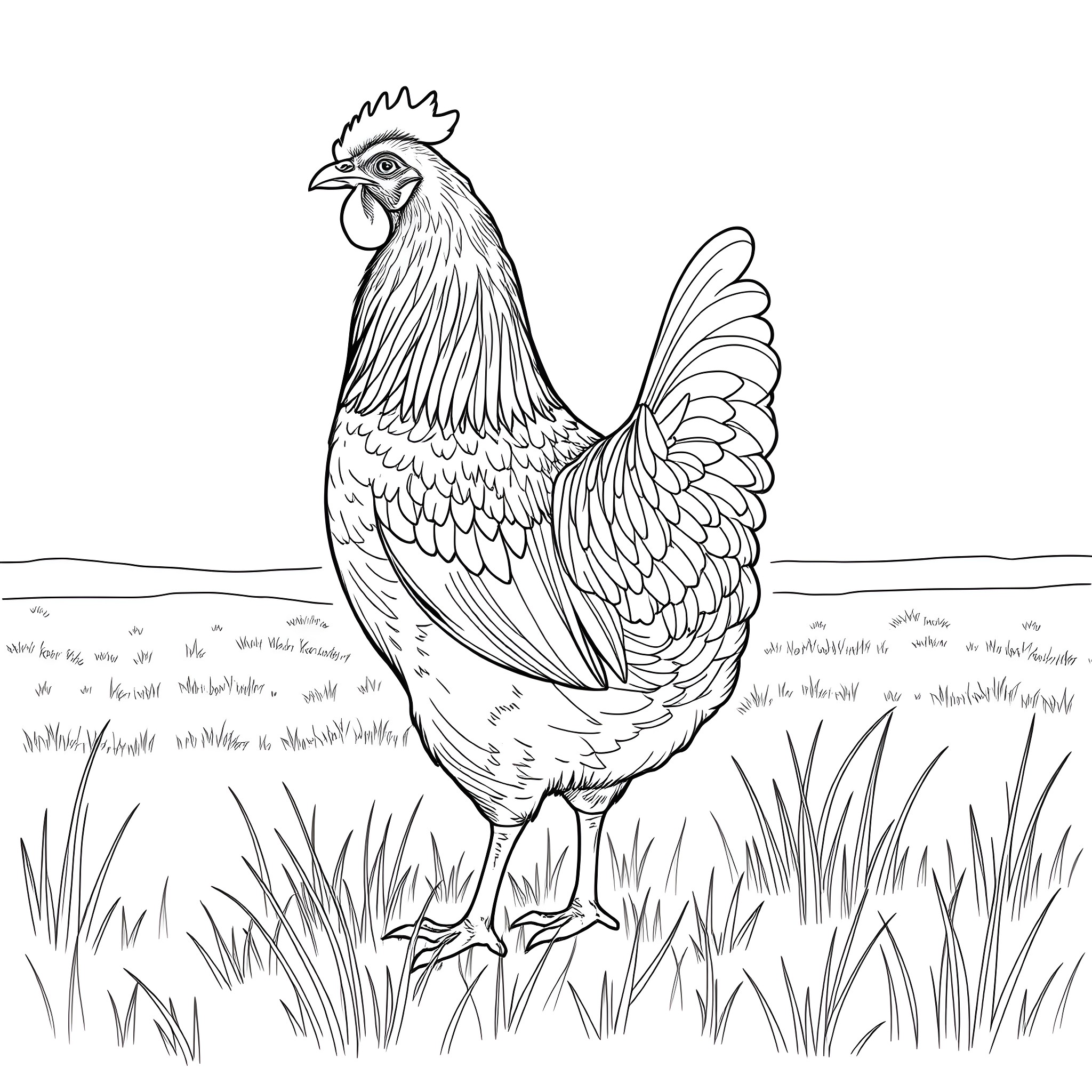 Hen standing proudly in the meadow Coloring Page (free black-and-white line drawing printable PDF for all, from beginners to advanced learners, including children, teens, adults, and seniors)