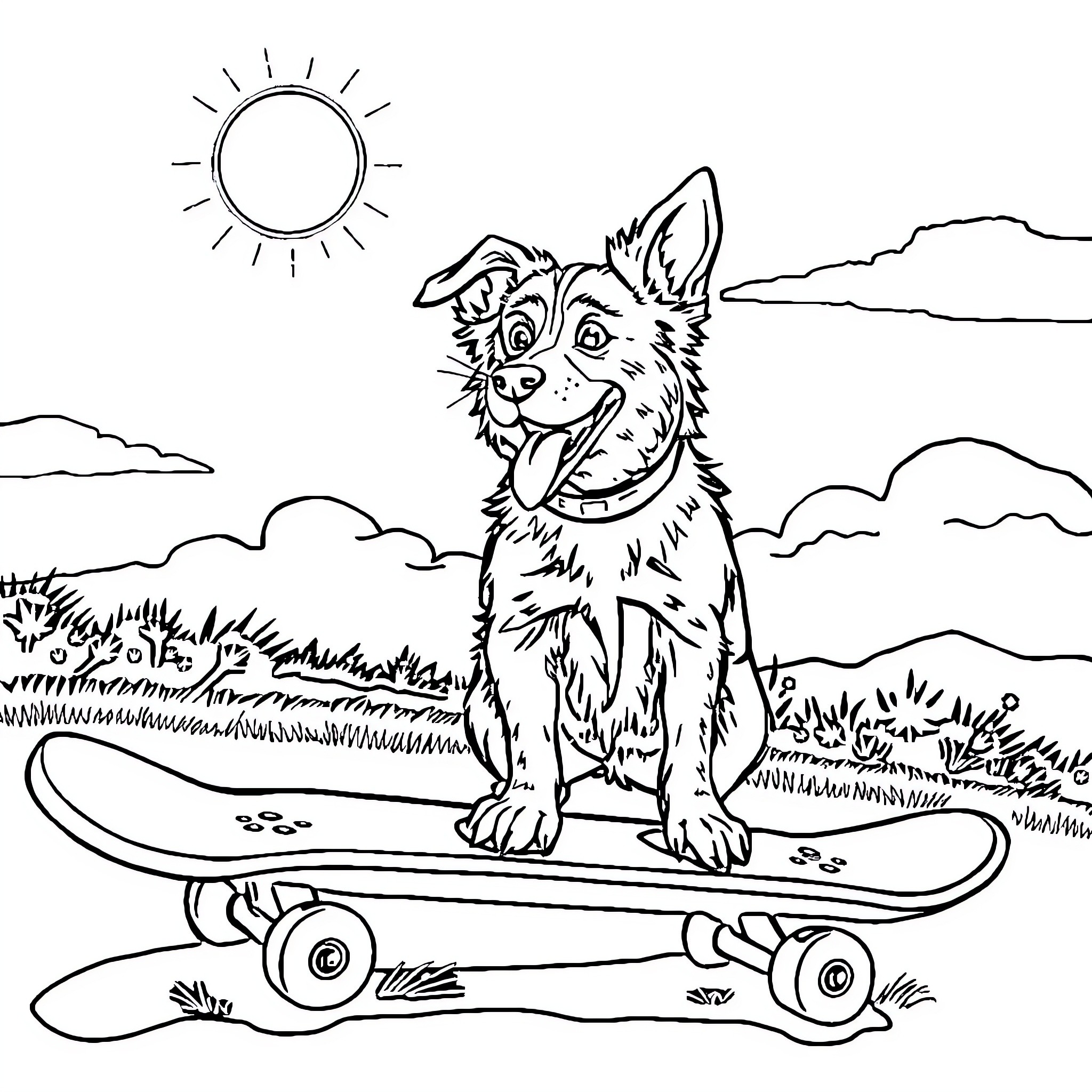 Dog riding happily on skateboard in the park Coloring Page (free black-and-white line drawing printable PDF for all, from beginners to advanced learners, including children, teens, adults, and seniors)