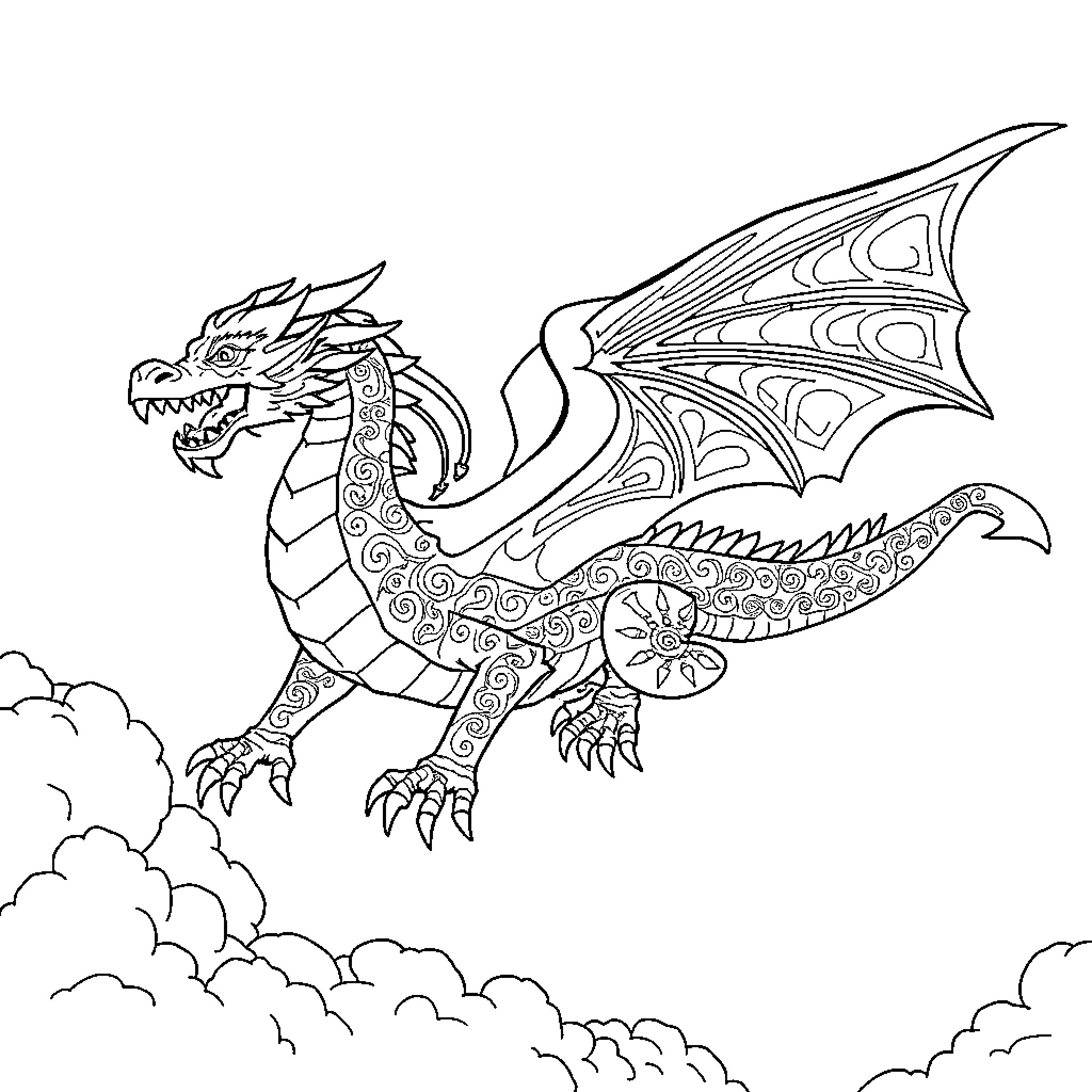 Dragon soaring through the clouds Coloring Page (free black-and-white line drawing printable PDF for all, from beginners to advanced learners, including children, teens, adults, and seniors)