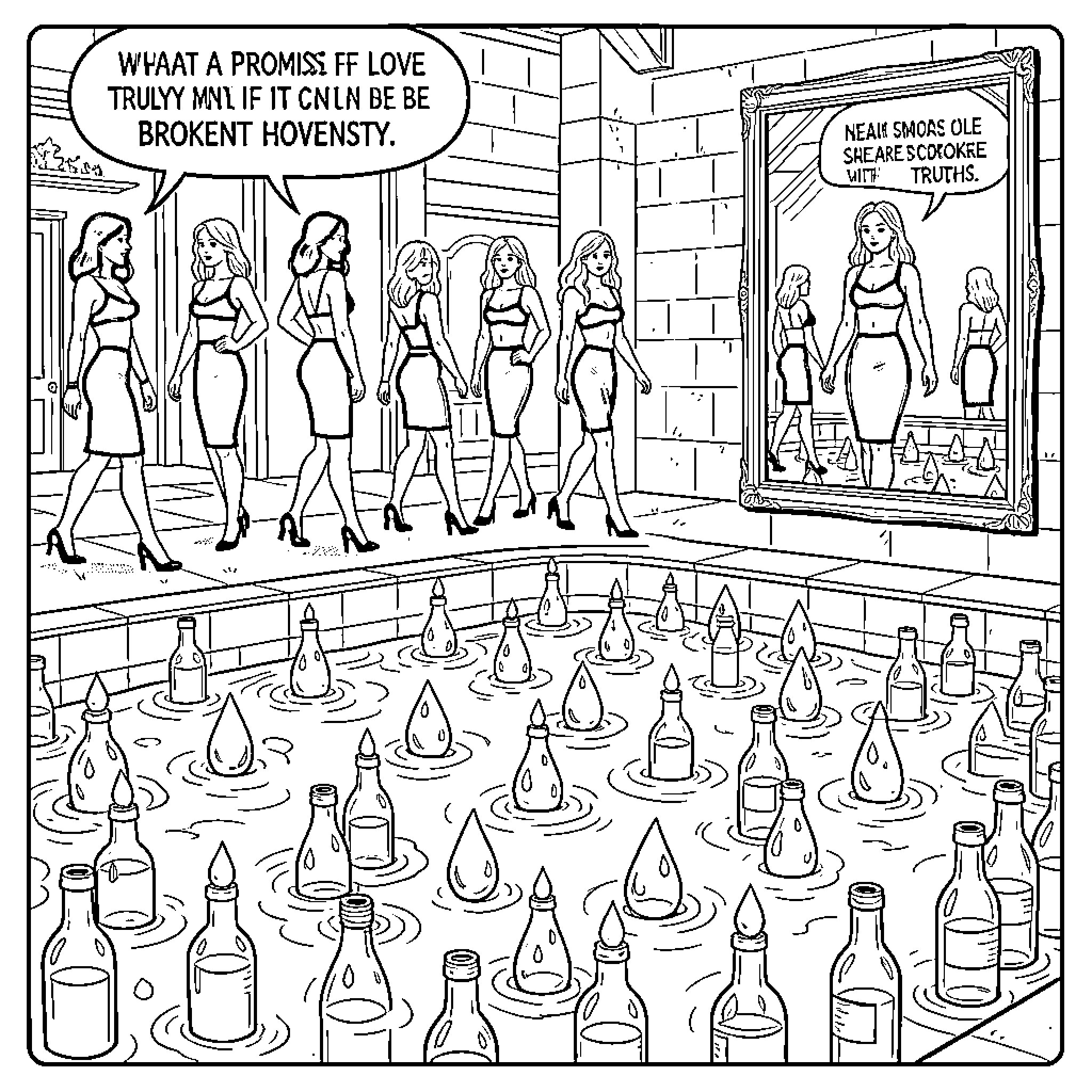 Teardrop shaped bottles filling a pool for walking women Coloring Page (free black-and-white line drawing printable PDF for all, from beginners to advanced learners, including children, teens, adults, and seniors)