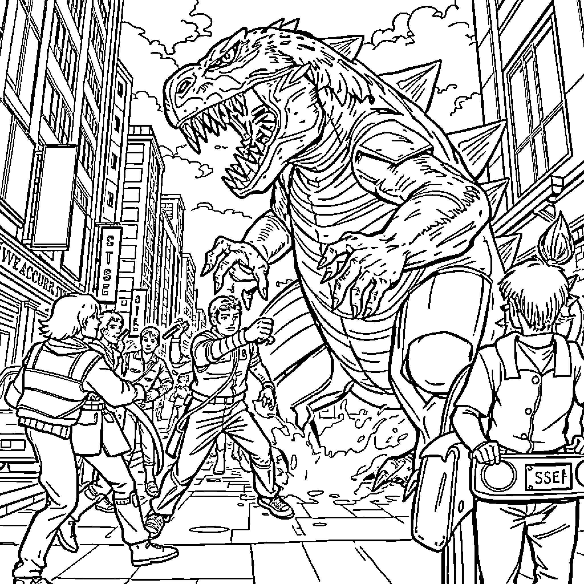 SSE Staff Confronting Towering Creature in City Coloring Page (free black-and-white line drawing printable PDF for all, from beginners to advanced learners, including children, teens, adults, and seniors)