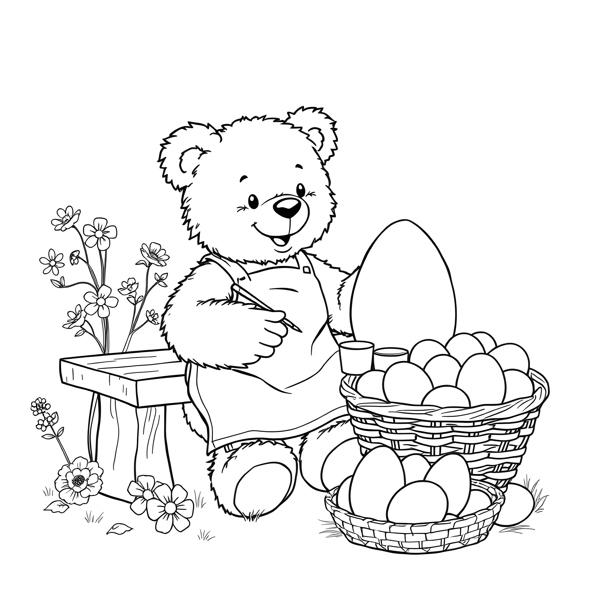 Teddy Bear Collecting Eggs in Basket Coloring Page (free black-and-white line drawing printable PDF for all, from beginners to advanced learners, including children, teens, adults, and seniors)