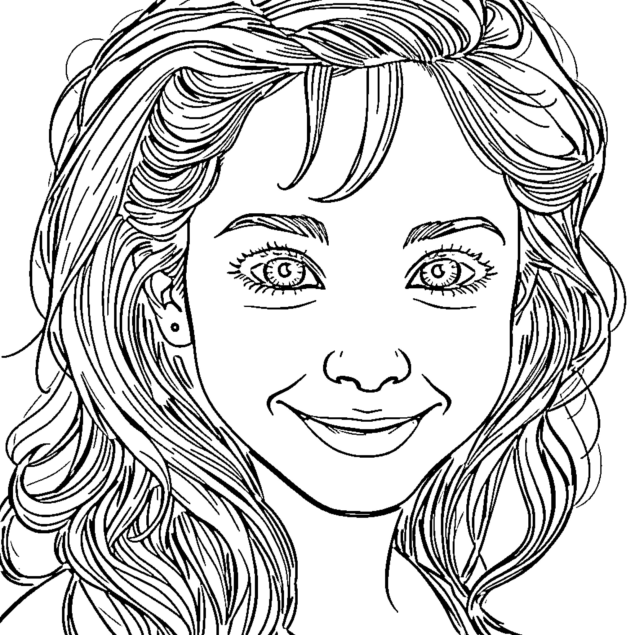 Francesca Capaldi's Cheerful Expression Coloring Page (free black-and-white line drawing printable PDF for all, from beginners to advanced learners, including children, teens, adults, and seniors)