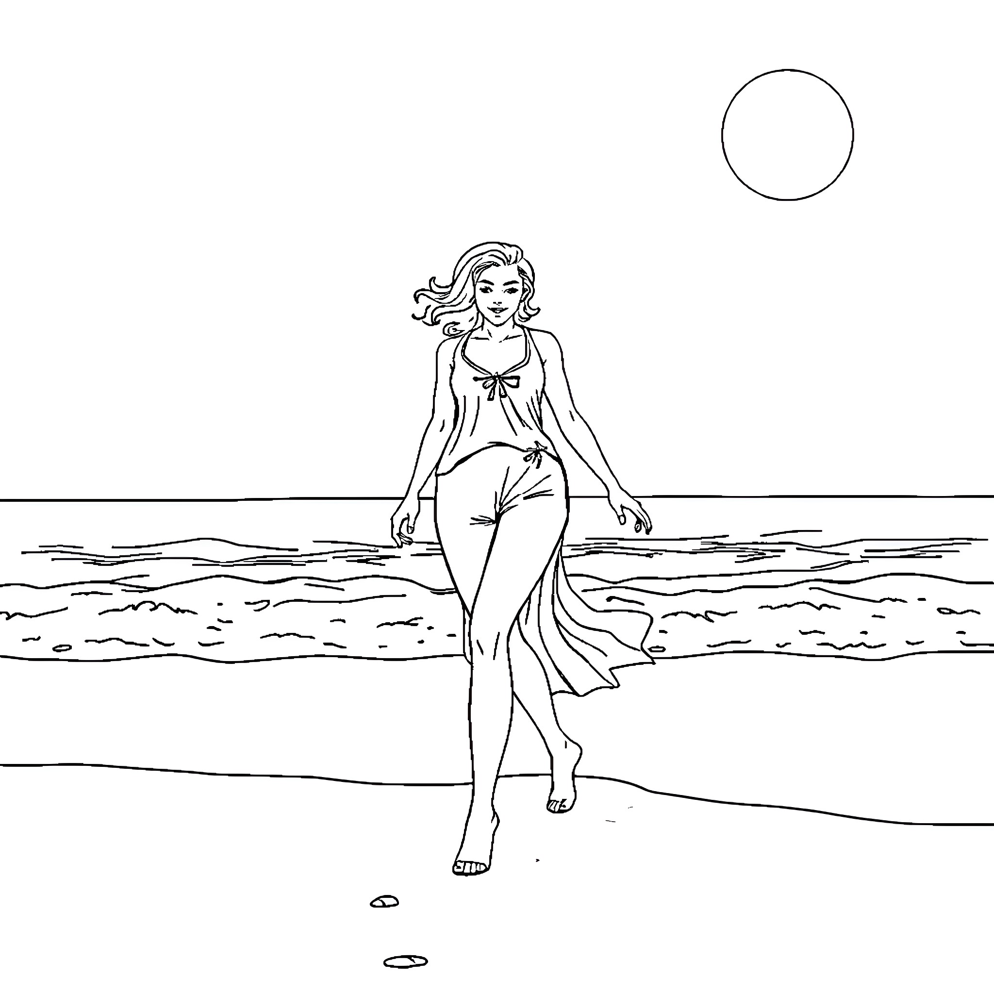Woman walking along the beach in the moonlight Coloring Page (free black-and-white line drawing printable PDF for all, from beginners to advanced learners, including children, teens, adults, and seniors)