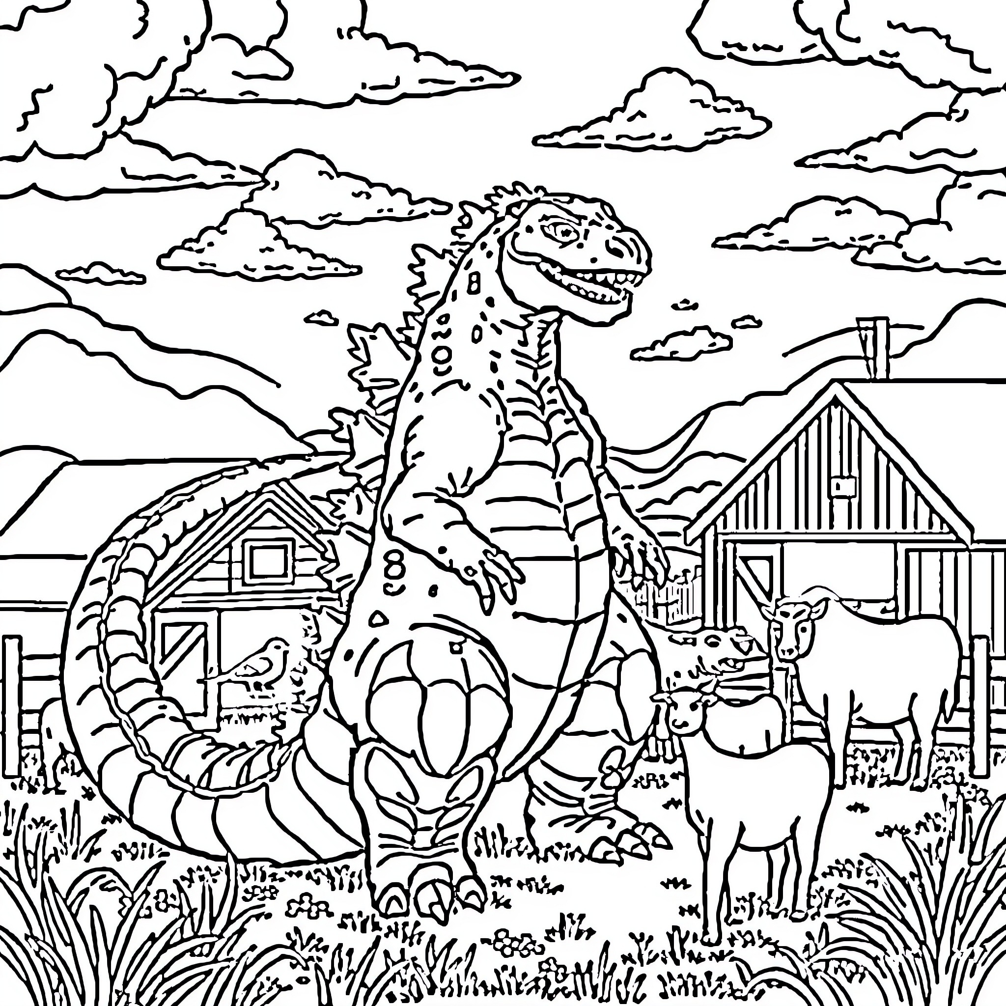 Godzilla stomping through a rural landscape Coloring Page (free black-and-white line drawing printable PDF for all, from beginners to advanced learners, including children, teens, adults, and seniors)