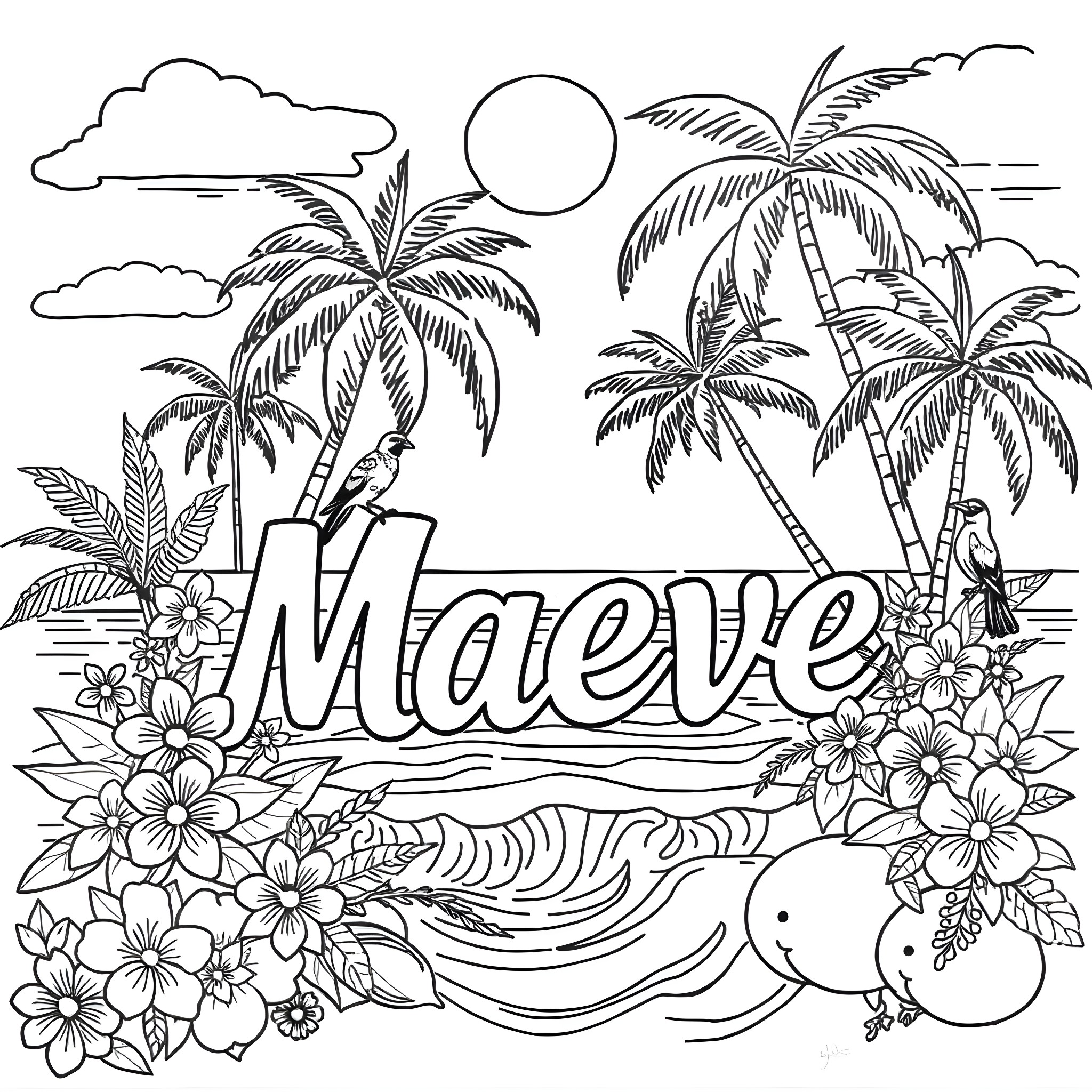Letter with nature and tropical scenery Coloring Page (free black-and-white line drawing printable PDF for all, from beginners to advanced learners, including children, teens, adults, and seniors)