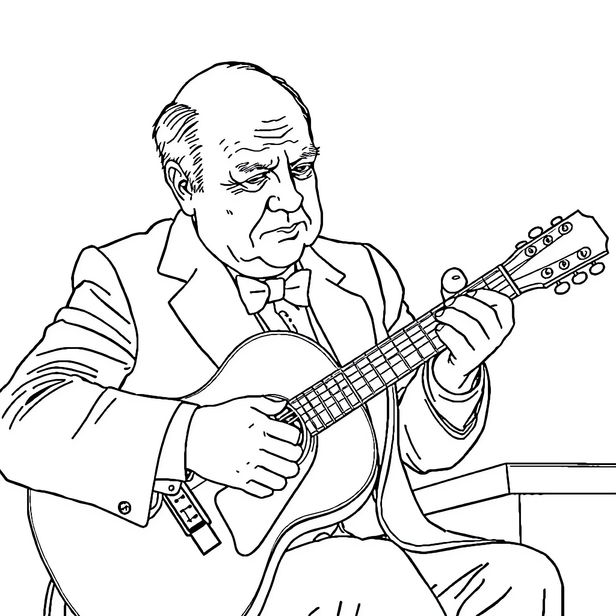 Computer rendering of man playing guitar Coloring Page (free black-and-white line drawing printable PDF for all, from beginners to advanced learners, including children, teens, adults, and seniors)