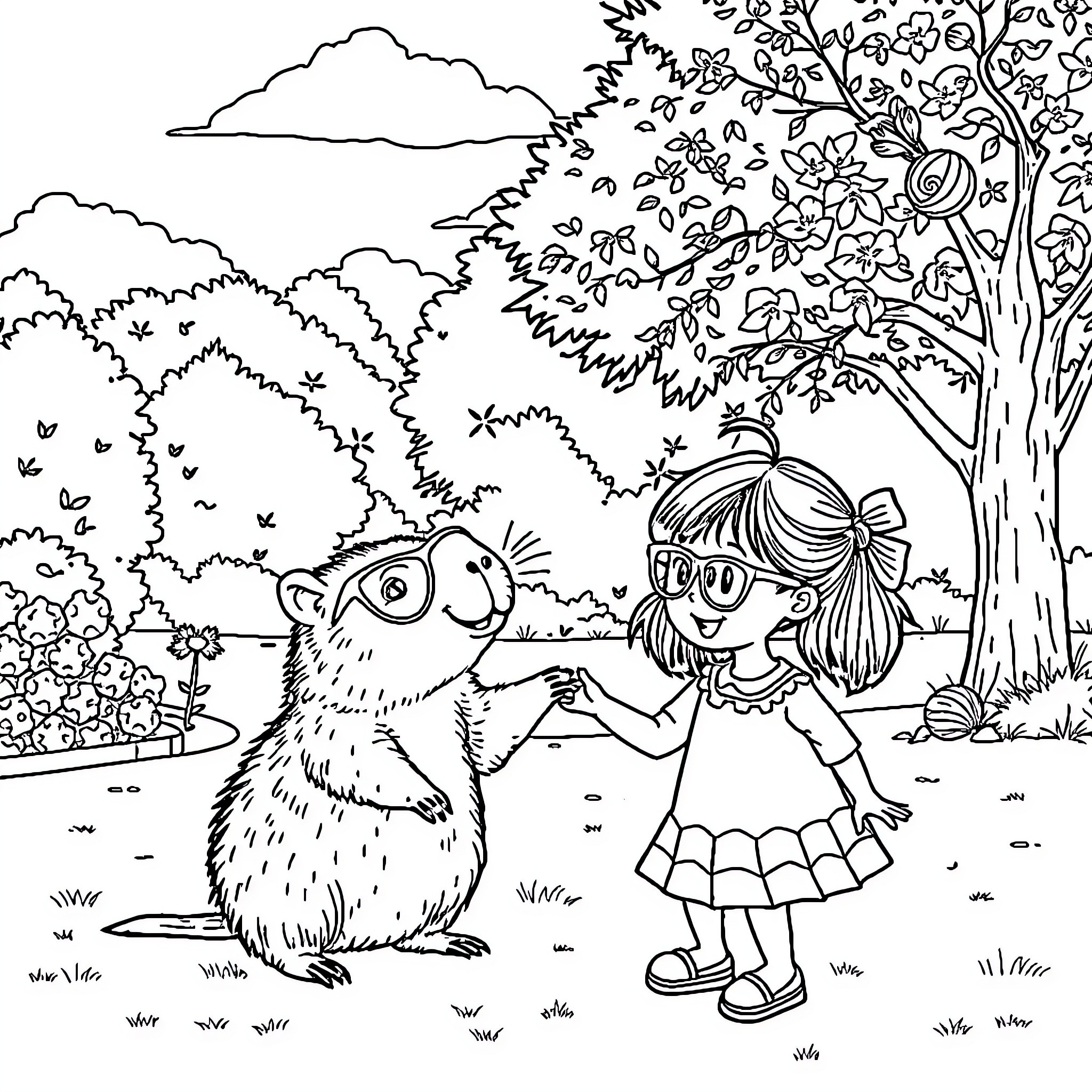 Capybara and child explore nature together Coloring Page (free black-and-white line drawing printable PDF for all, from beginners to advanced learners, including children, teens, adults, and seniors)
