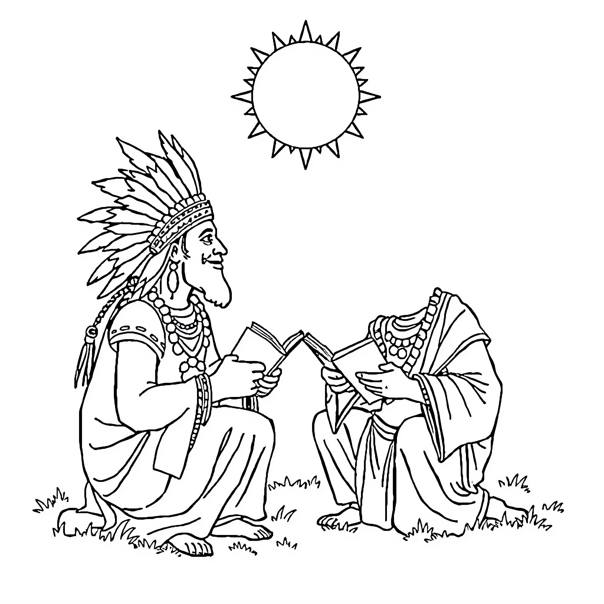 Abraao's Indigenous Gathering under the Bright Sun Coloring Page (free black-and-white line drawing printable PDF for all, from beginners to advanced learners, including children, teens, adults, and seniors)